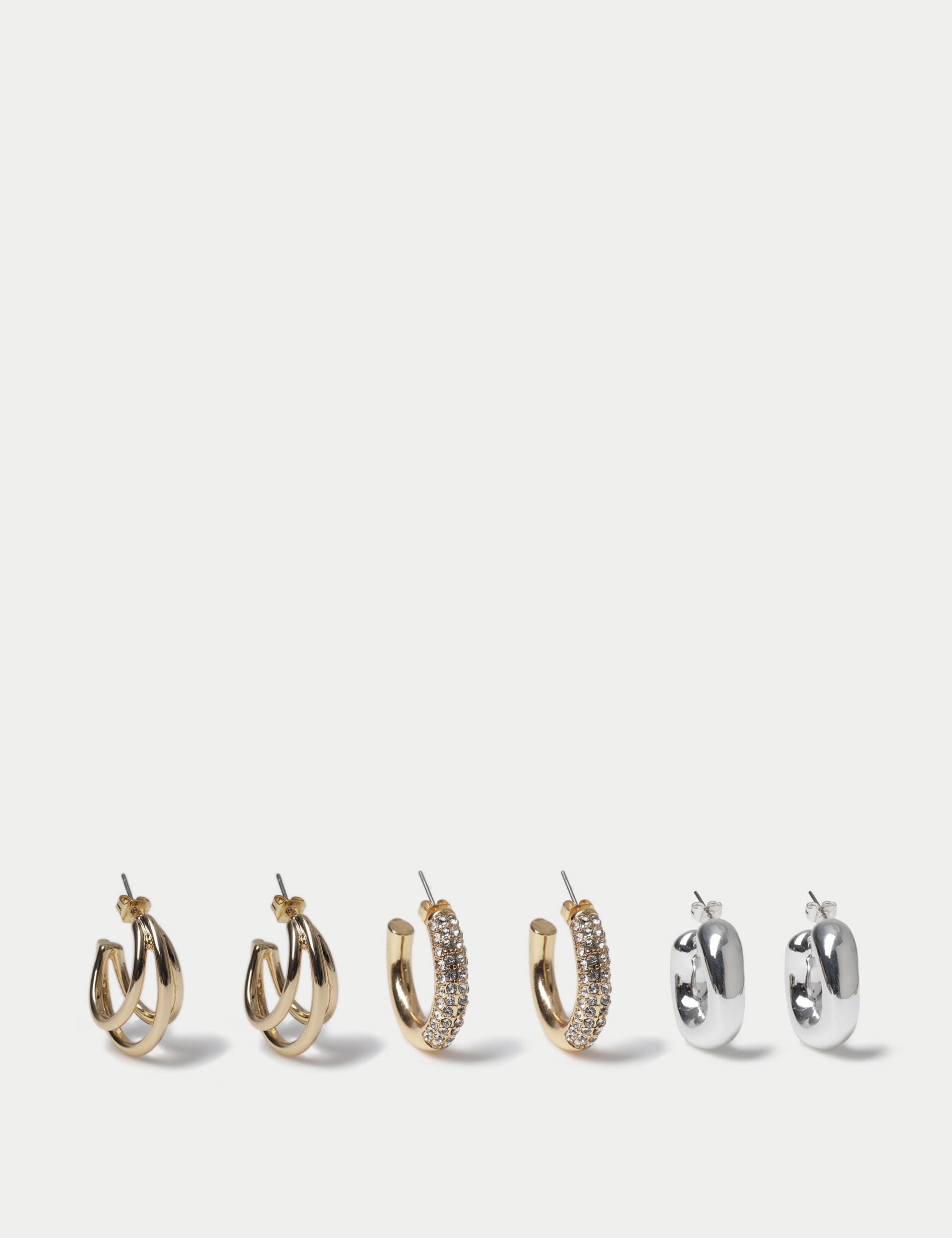 M&S Women's 3 Pack Mixed Metal Chunky Pave Hoop Earring Set