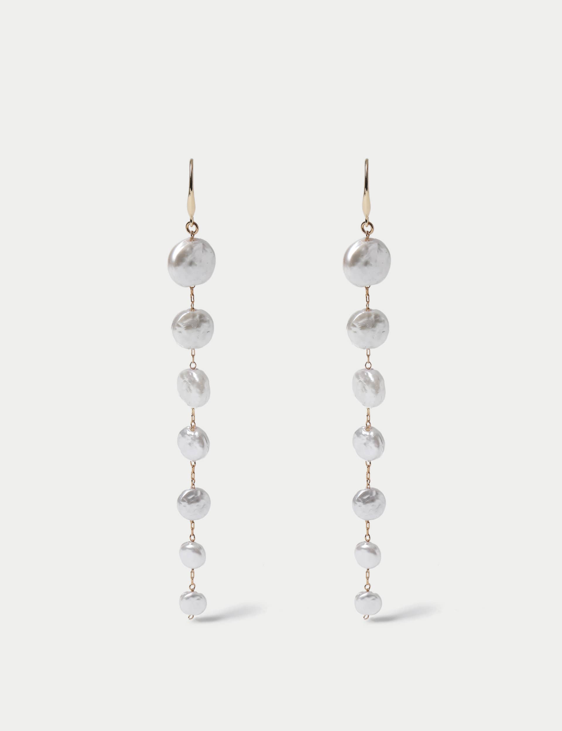 M&S Women's White Pearl Long Drop Duster Earrings  White