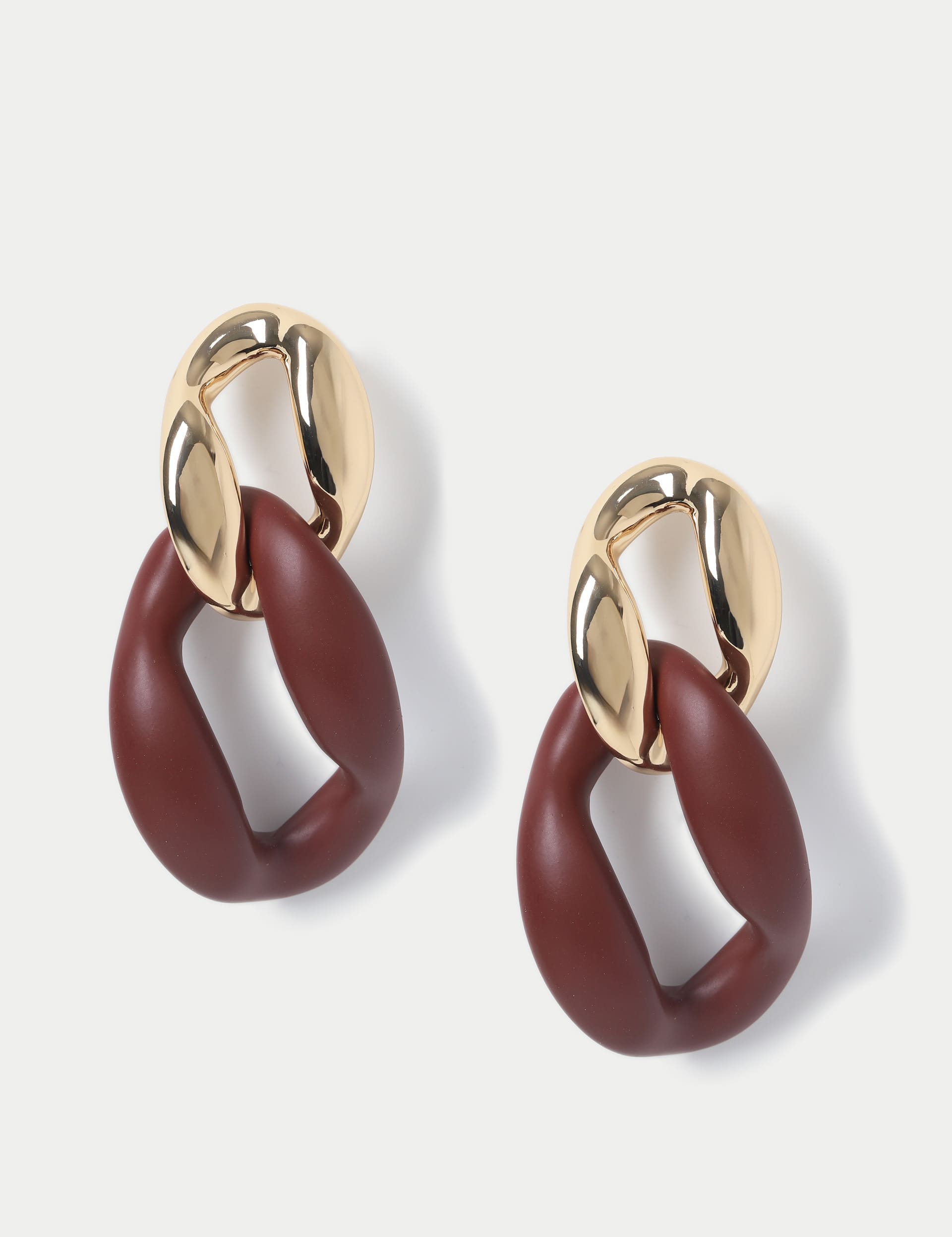 M&S Women's Oversized Gold and Burgundy Link Drop Earring, Burgundy