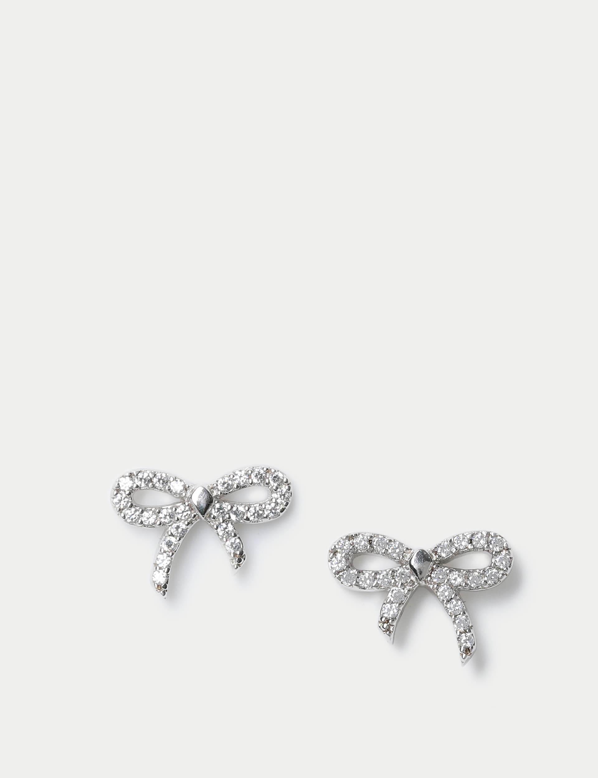 M&S Women's Platinum Plated Cubic Zirconia Bow Stud Earring - Silver, Silver