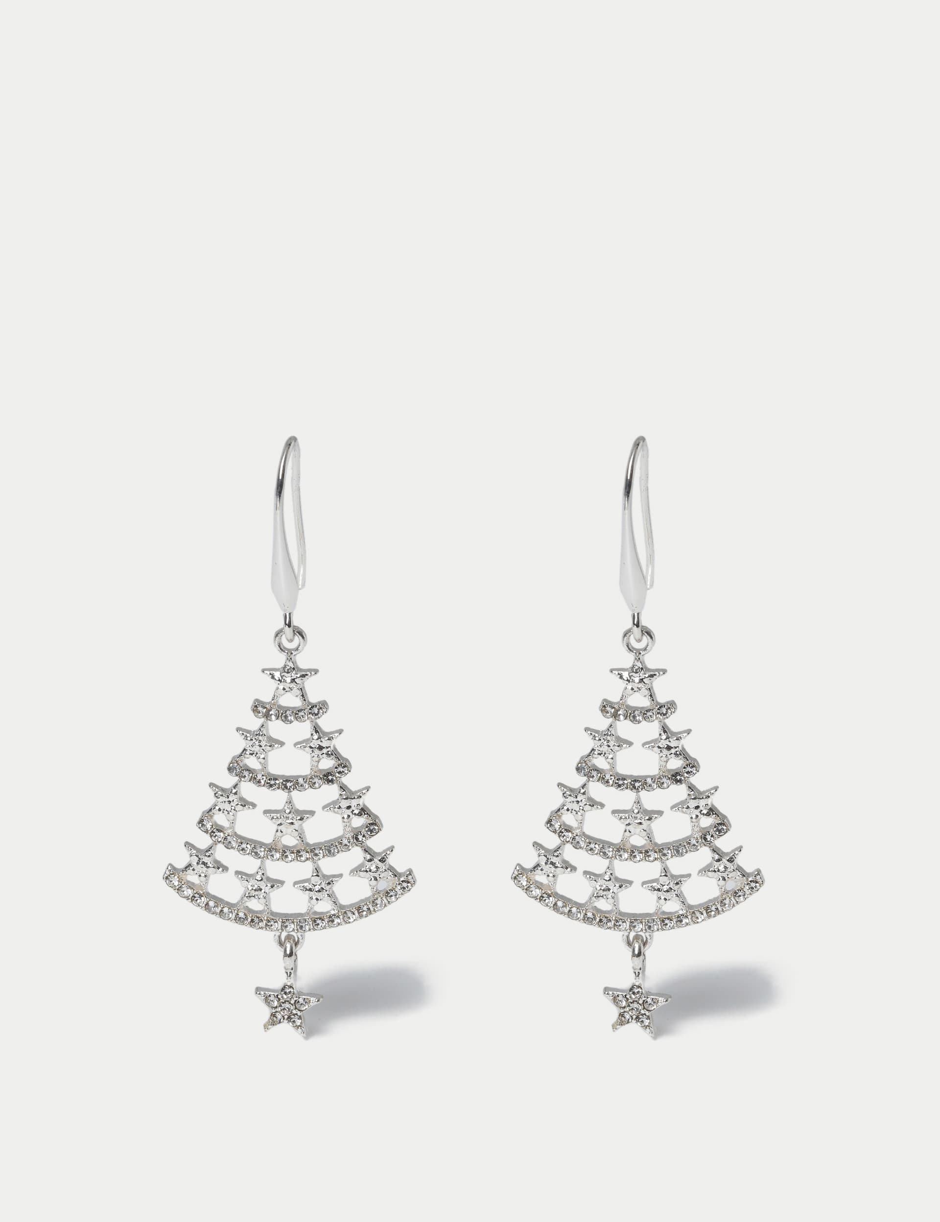 M&S Women's Christmas Silver Tone Tree Drop Earrings, Silver