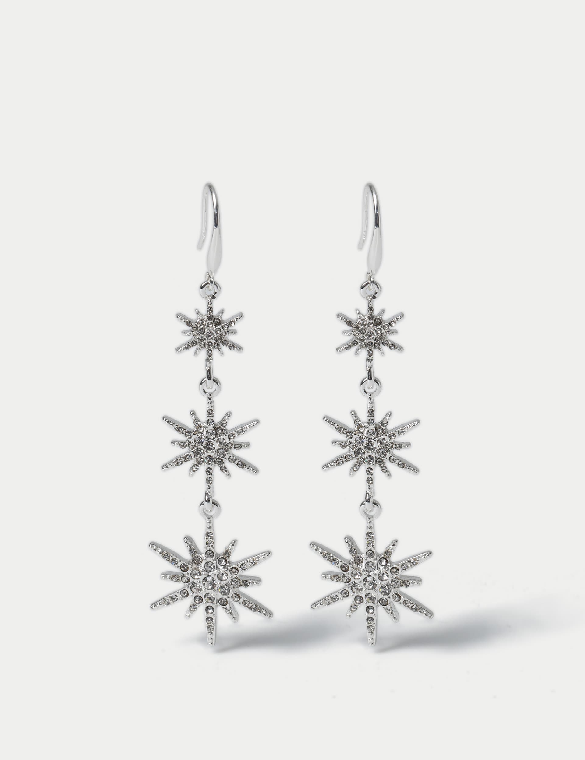 M&S Women's Christmas Silver Tone Triple Star Drop Earrings, Silver