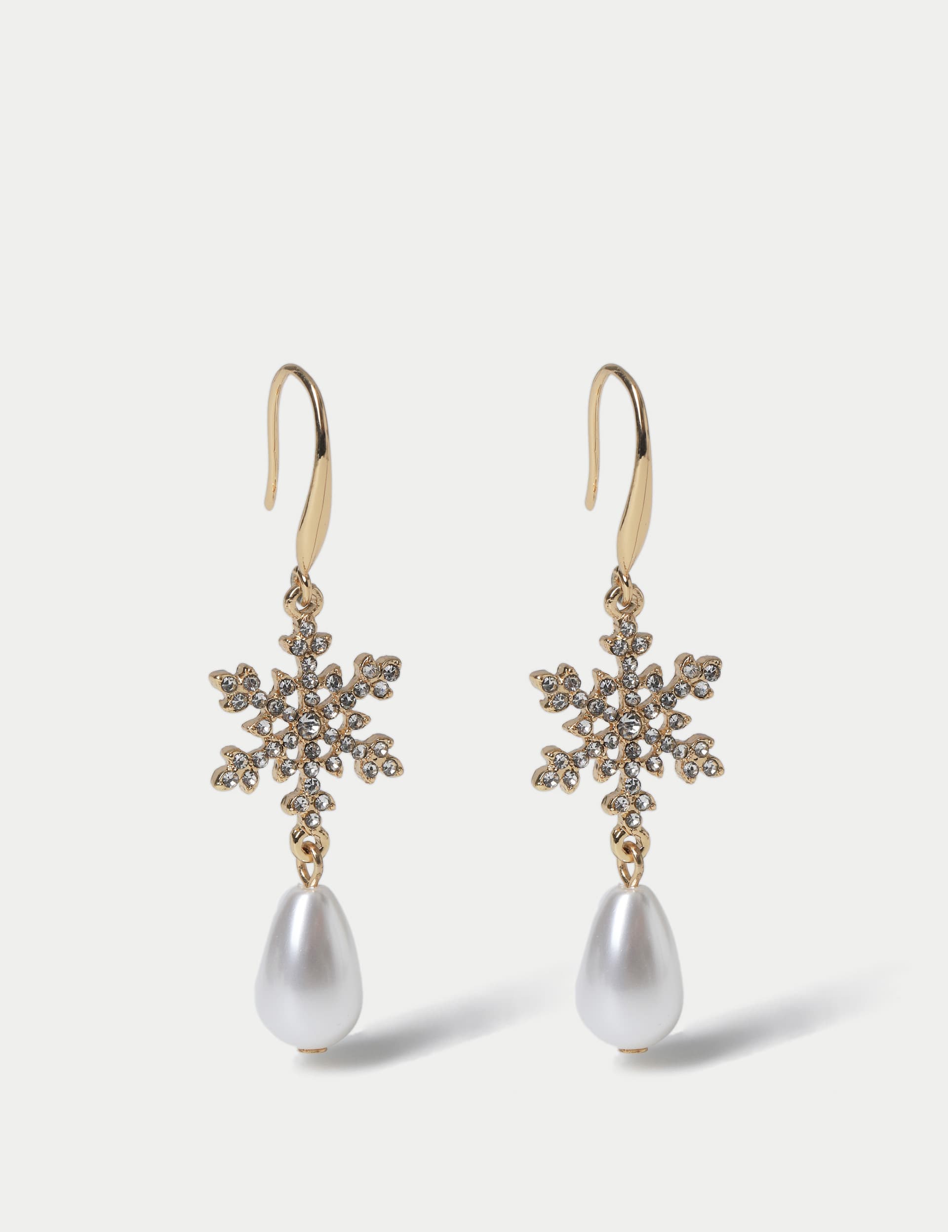 M&S Women's Christmas Pearl Snowflake Drop Earrings - Gold, Gold