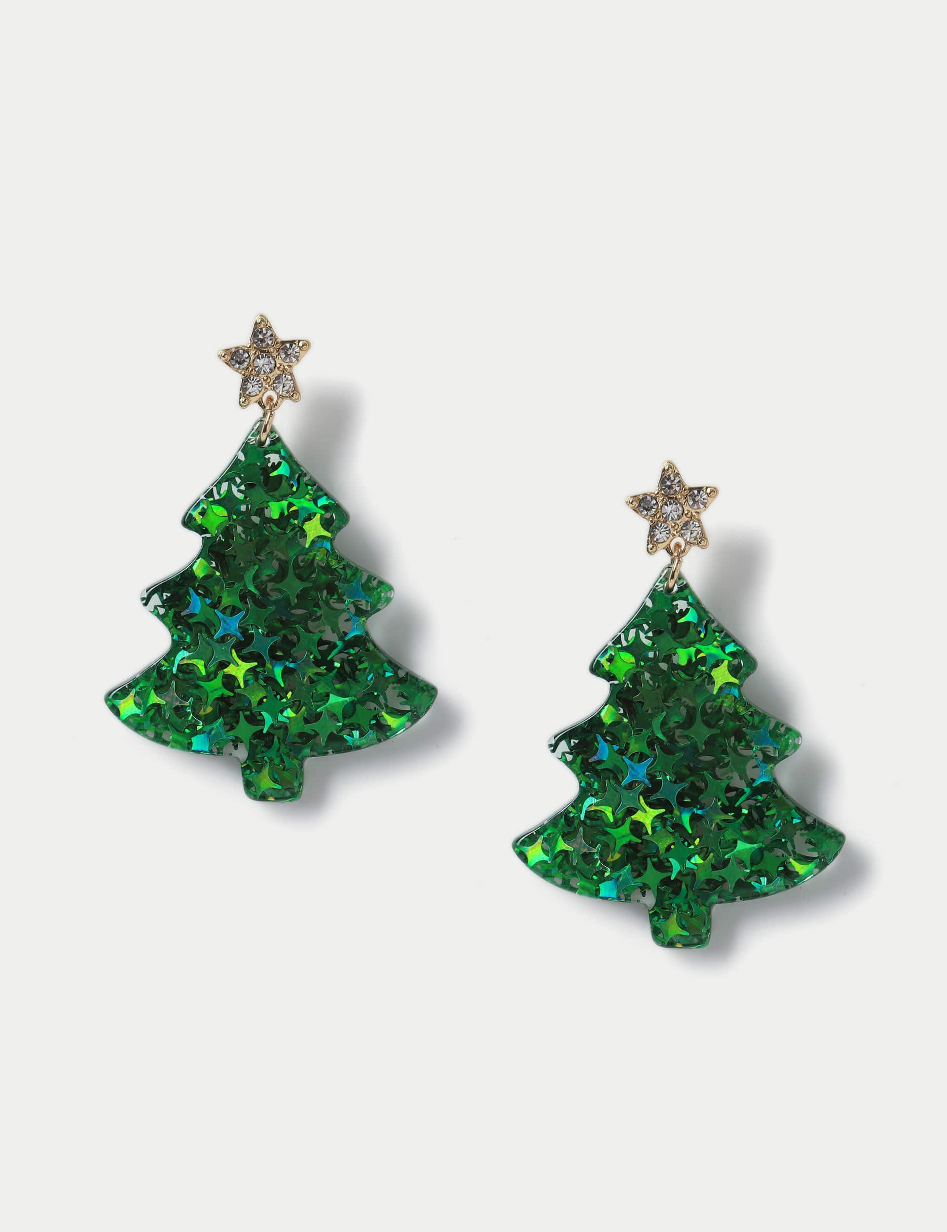 M&S Women's Christmas Green Tree Drop Earrings, Green