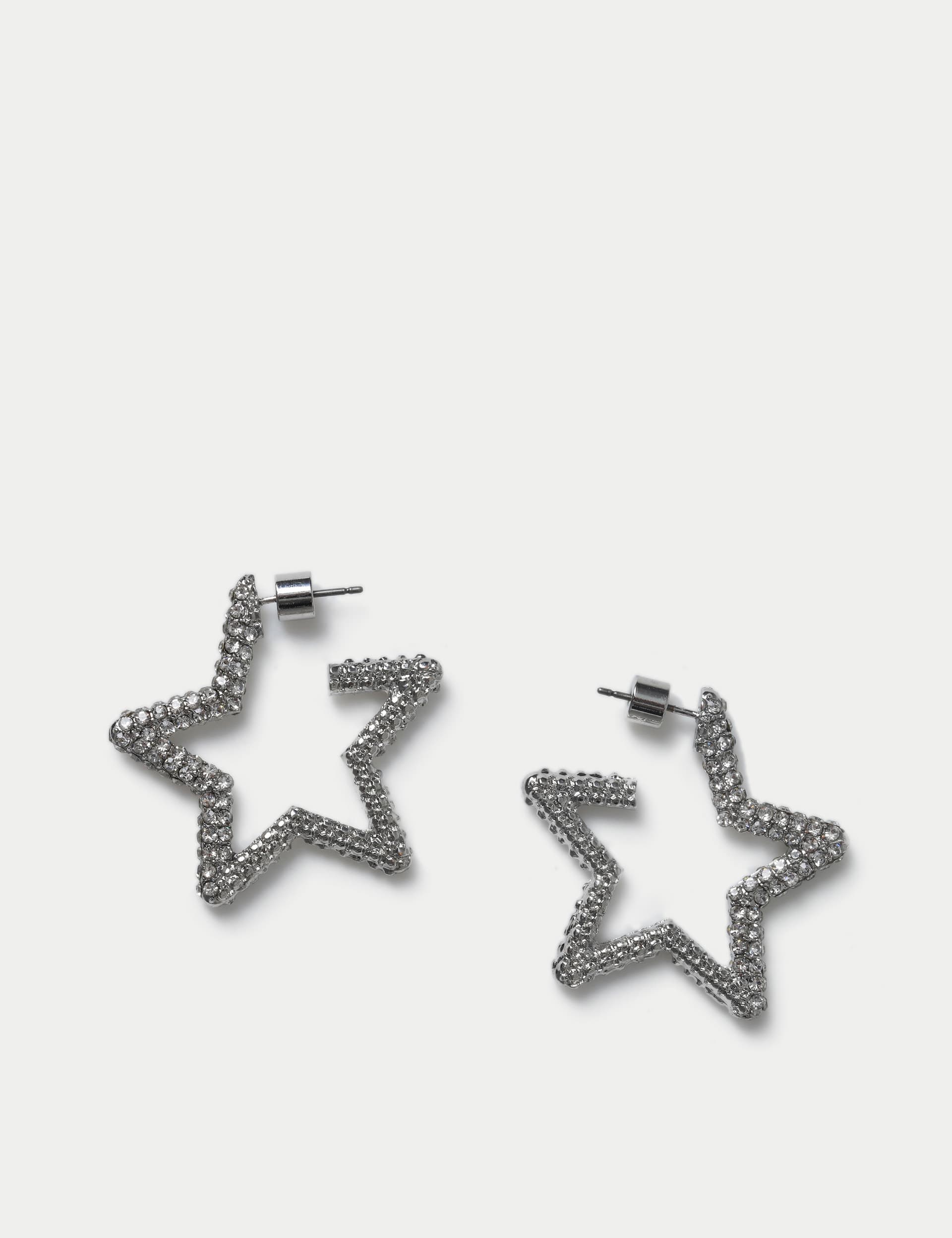 M&S Women's Christmas Rhinestone Detail Star Hoop Earrings - Silver, Silver