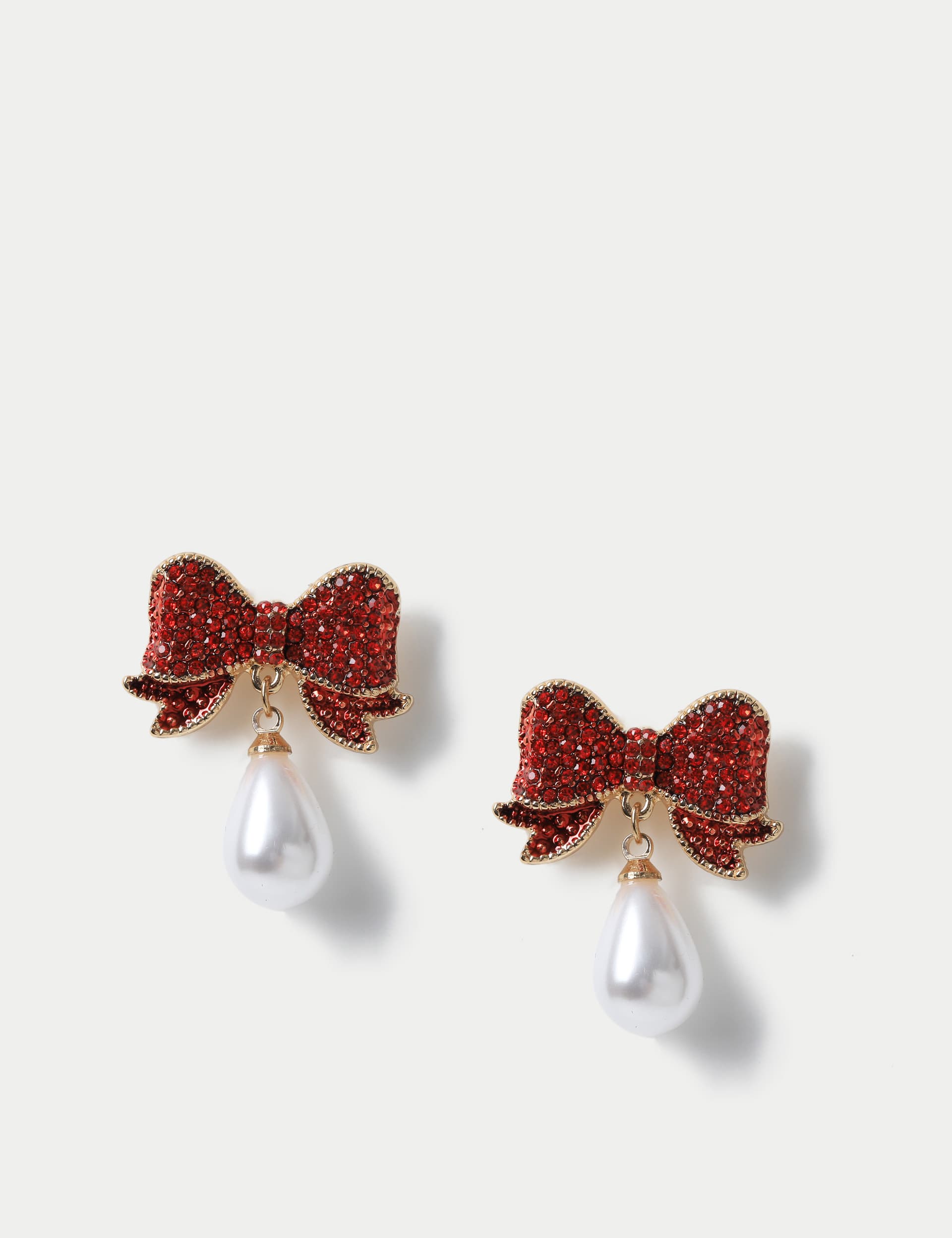 M&S Women's Christmas Red Rhinestone Bow and Pearl Drop Earrings, Red