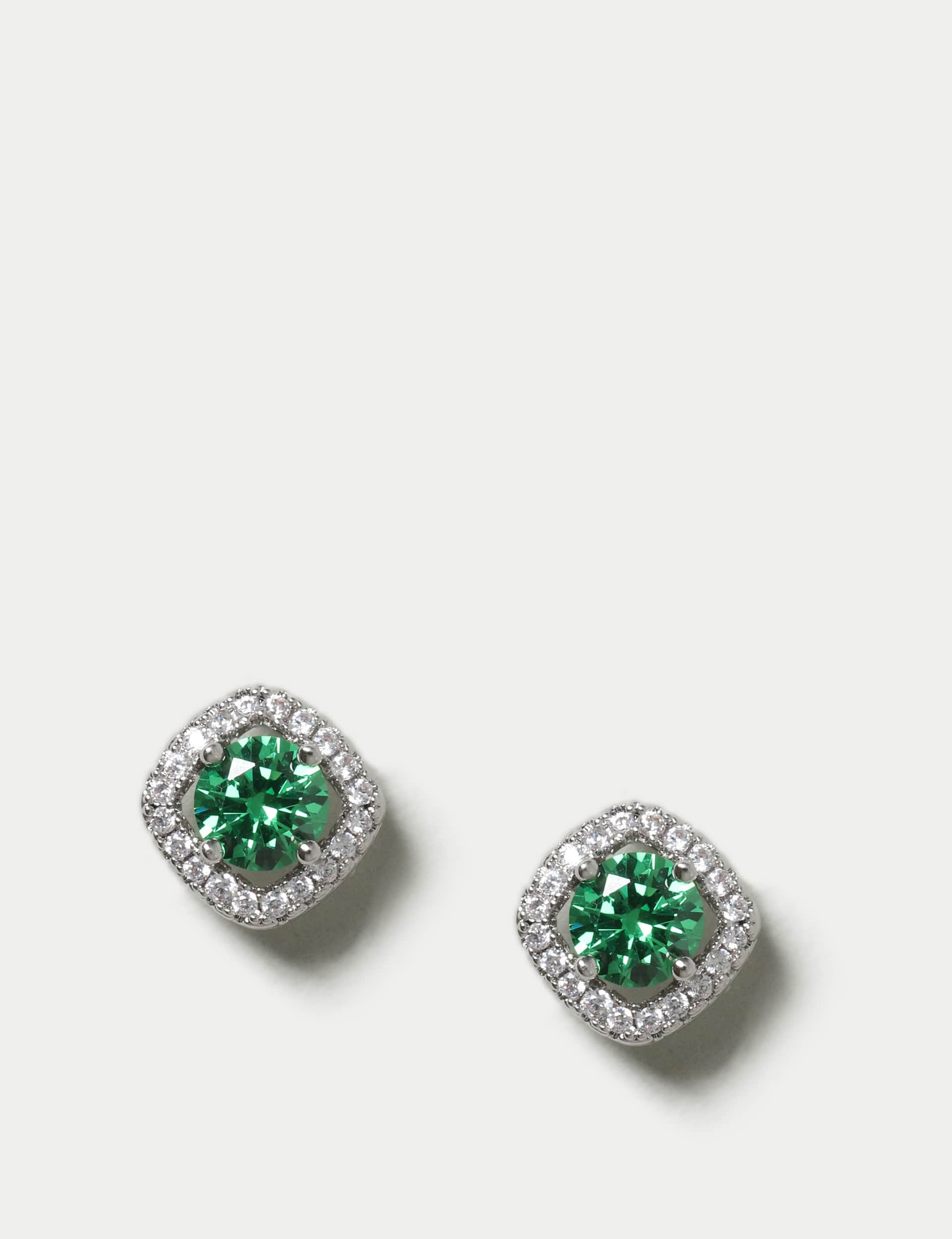 M&S Women's Platinum Plated May Stud Earrings - Green, Green