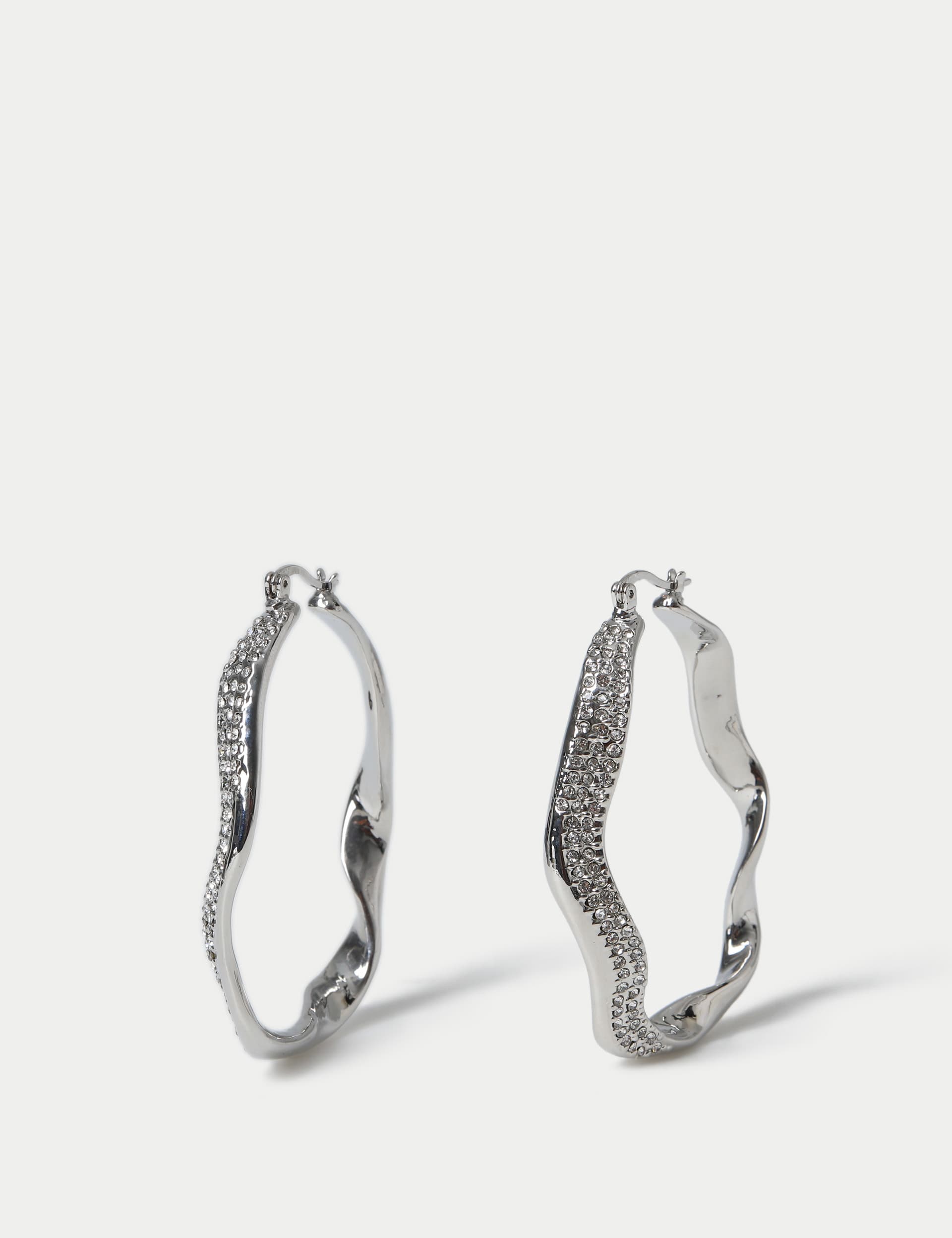 M&S Women's Rhinestone Wave Hoop Earrings - Silver, Silver