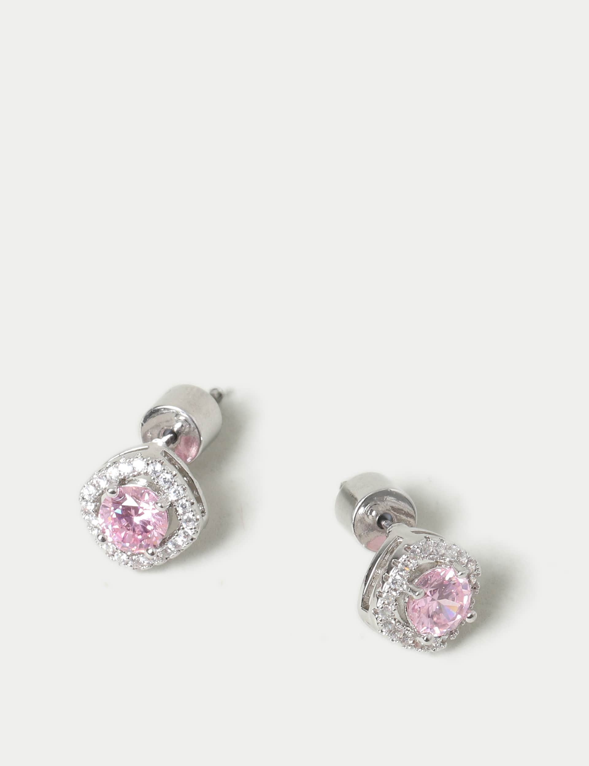 M&S Collection Women's Platinum Plated October Stud Earrings - Pink, Pink