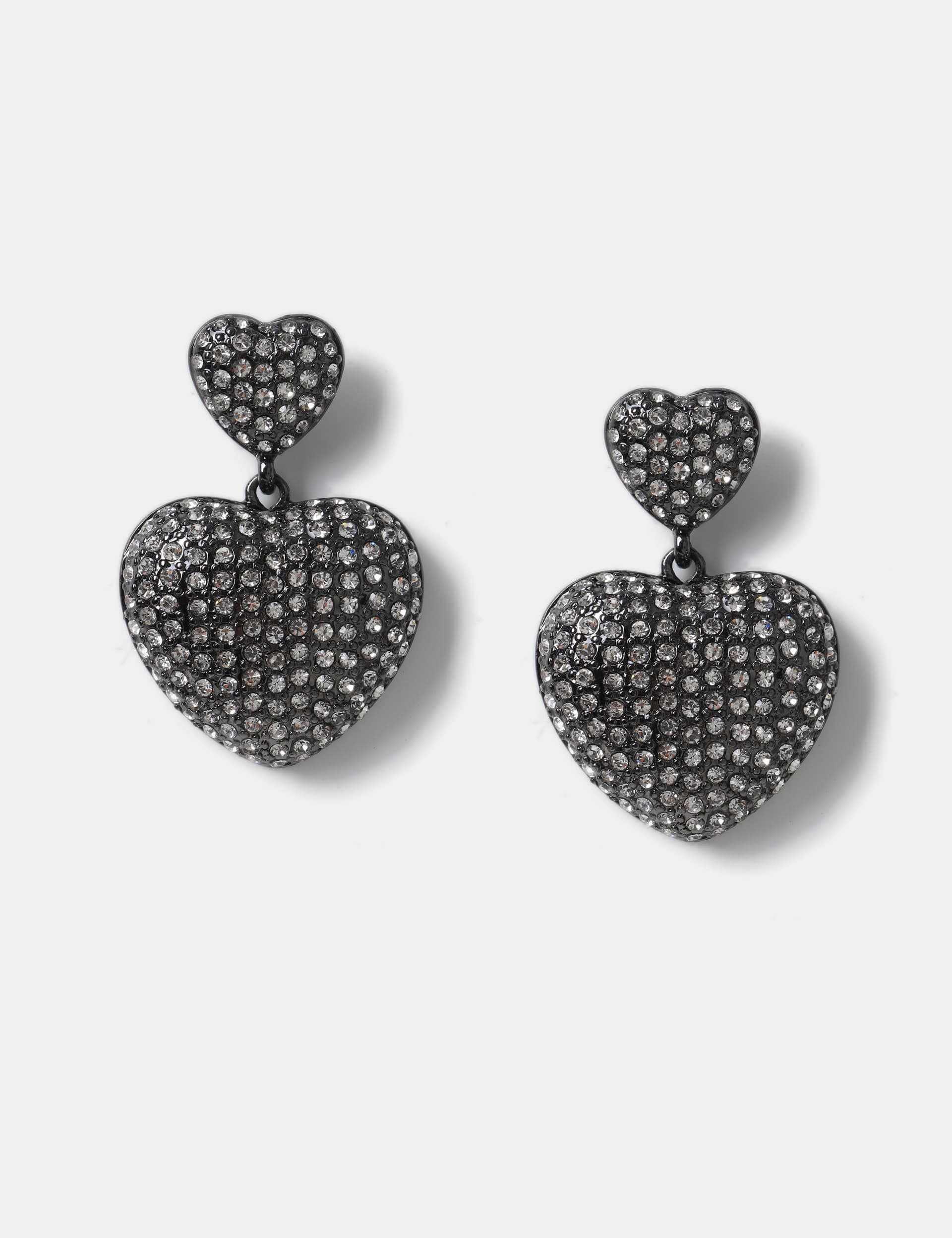 M&S Women's Rhinestone Double Heart Drop Earring - Gunmetal, Gunmetal