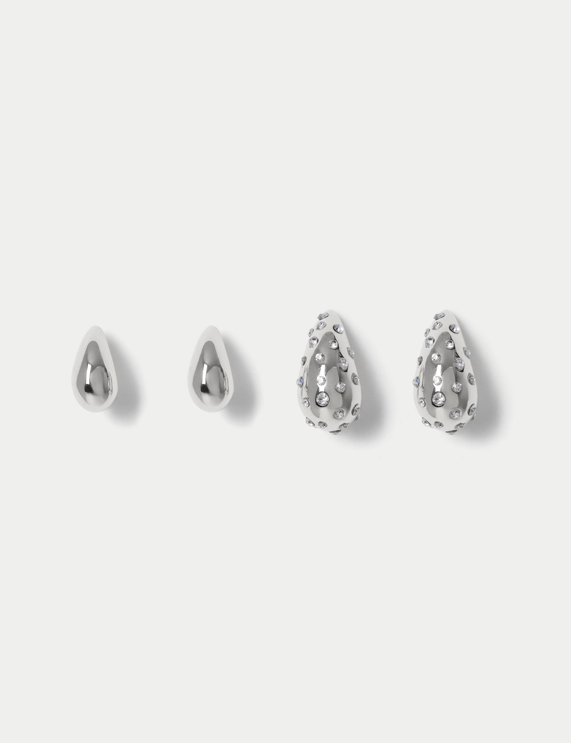 M&S Collection Women's 2 Pack Rhinestone Tear Drop Earring - Silver, Silver