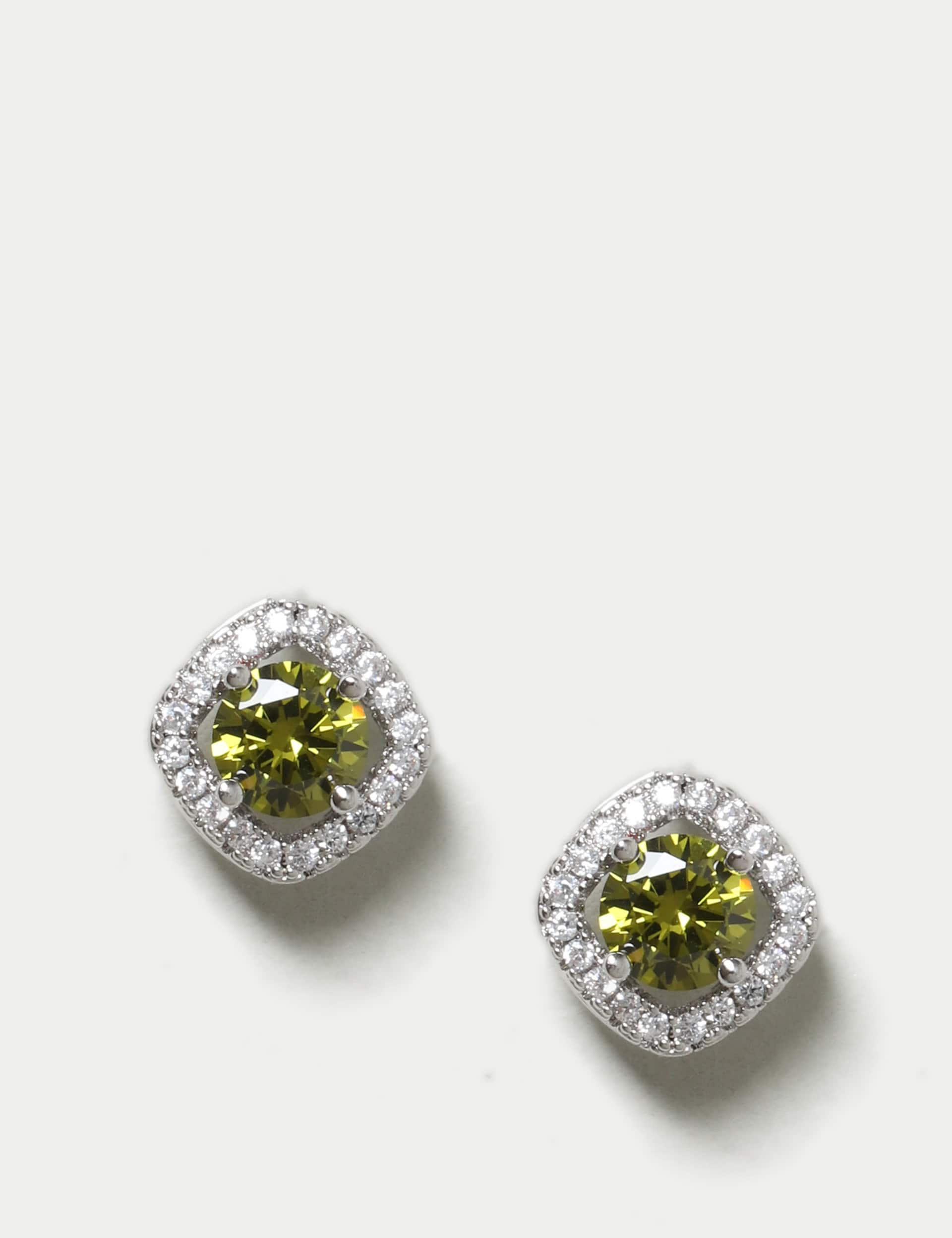 M&S Women's Platinum Plated August Stud Earrings - Green, Green