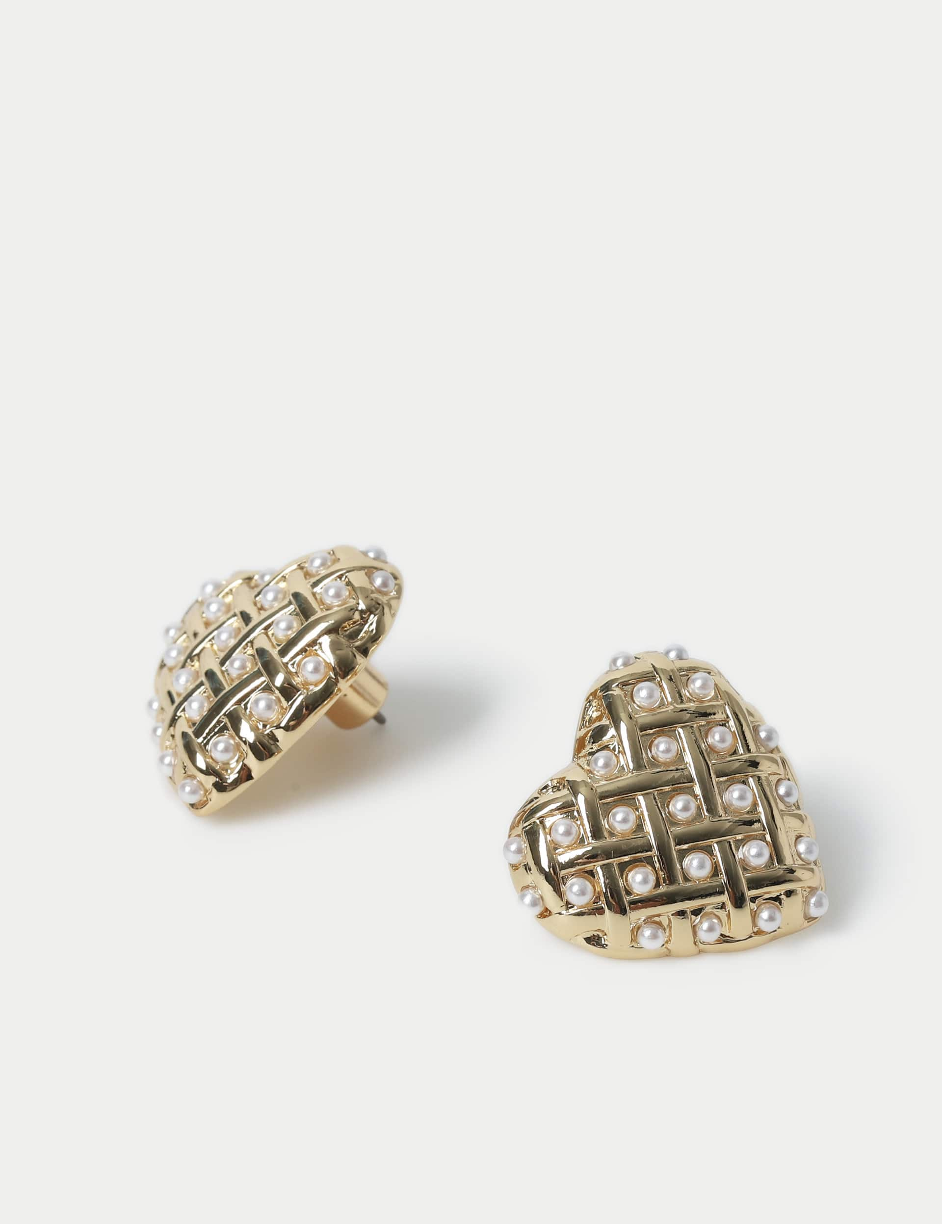 M&S Collection Women's Lattice Pearl Detail Stud Earrings - Gold, Gold