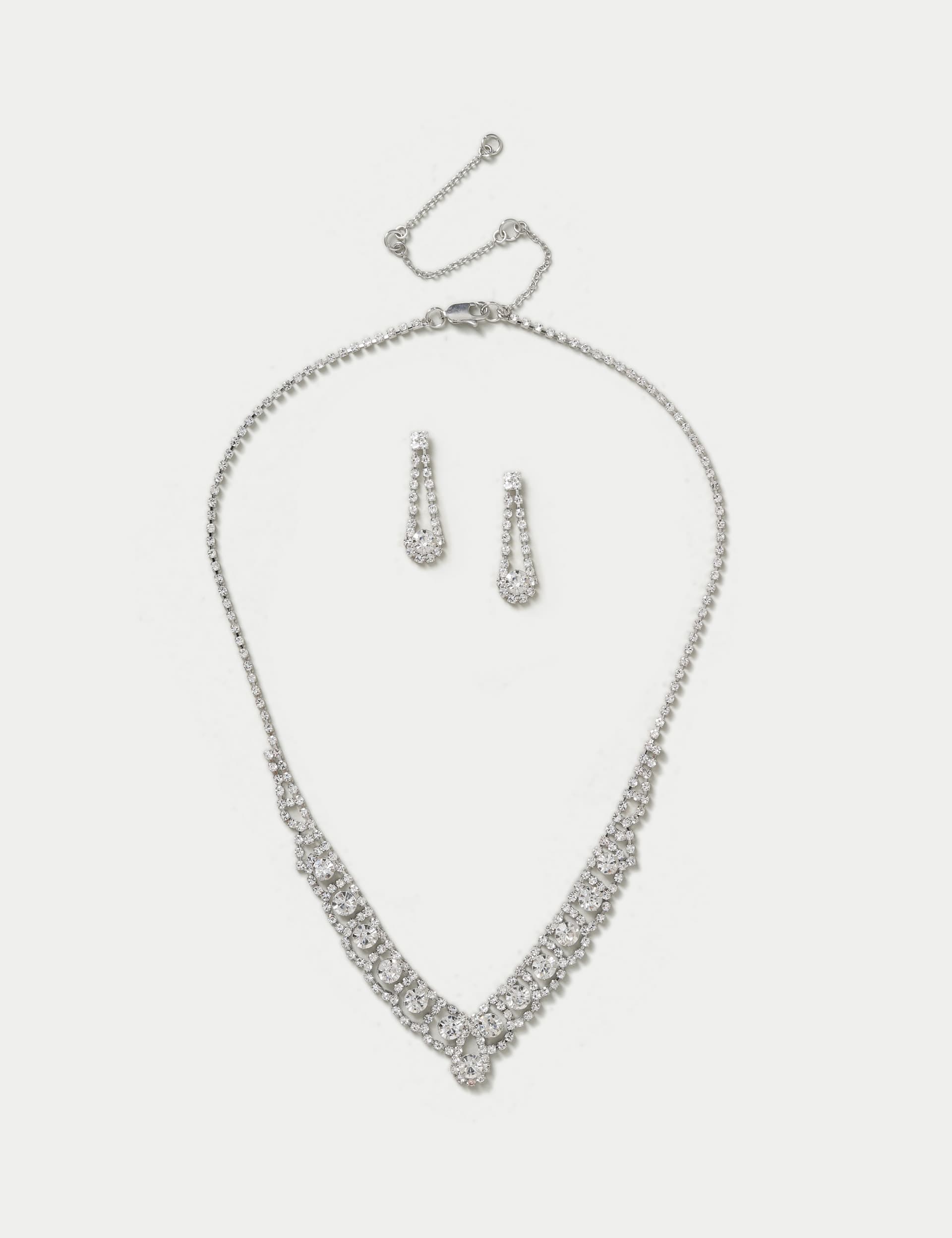 M&S Women's Rhinestone Drop Earring And Neckwear Set - Silver, Silver