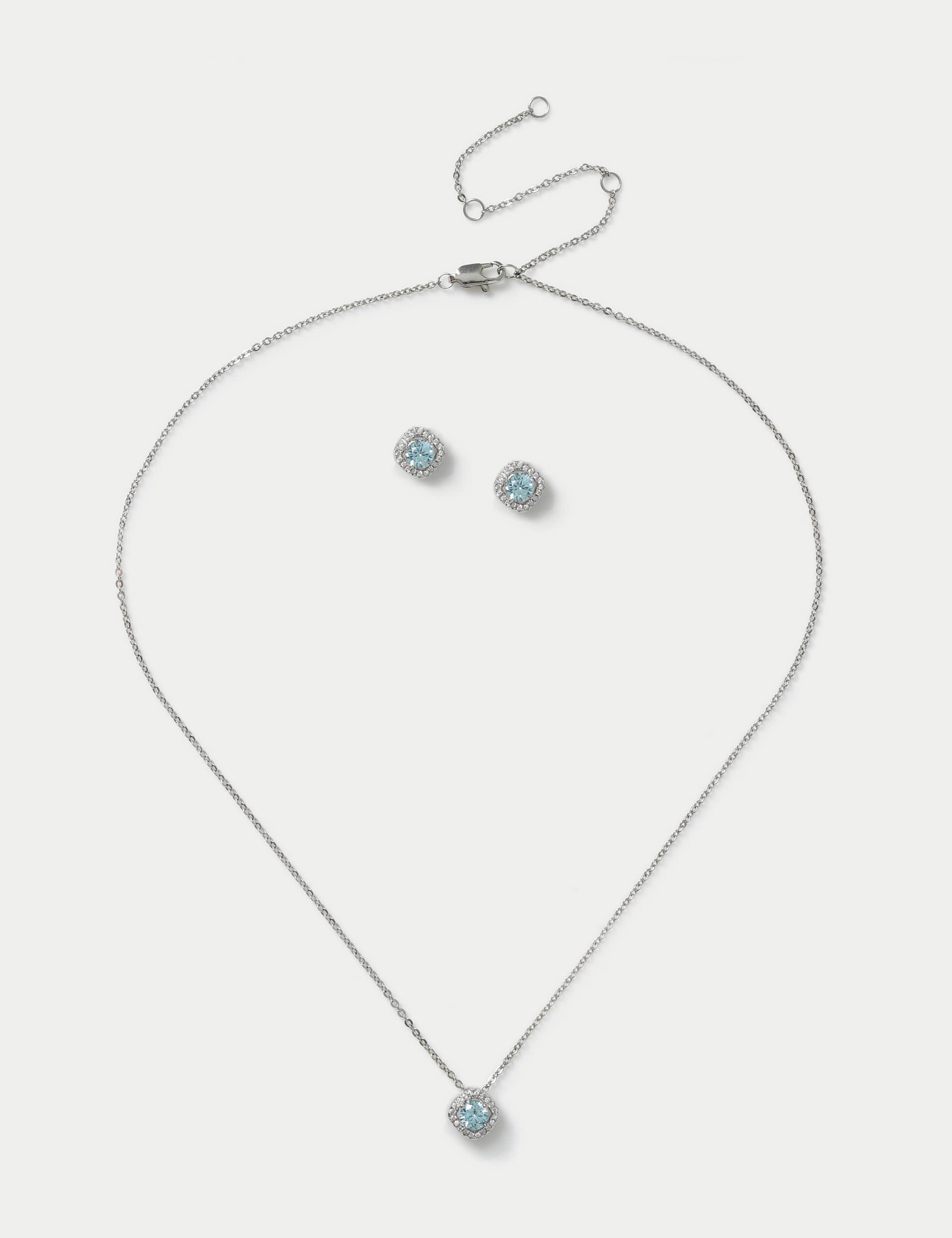 M&S Collection Women's Platinum Plated March Birthstone Earring and Necklace Set - Blue, Blue