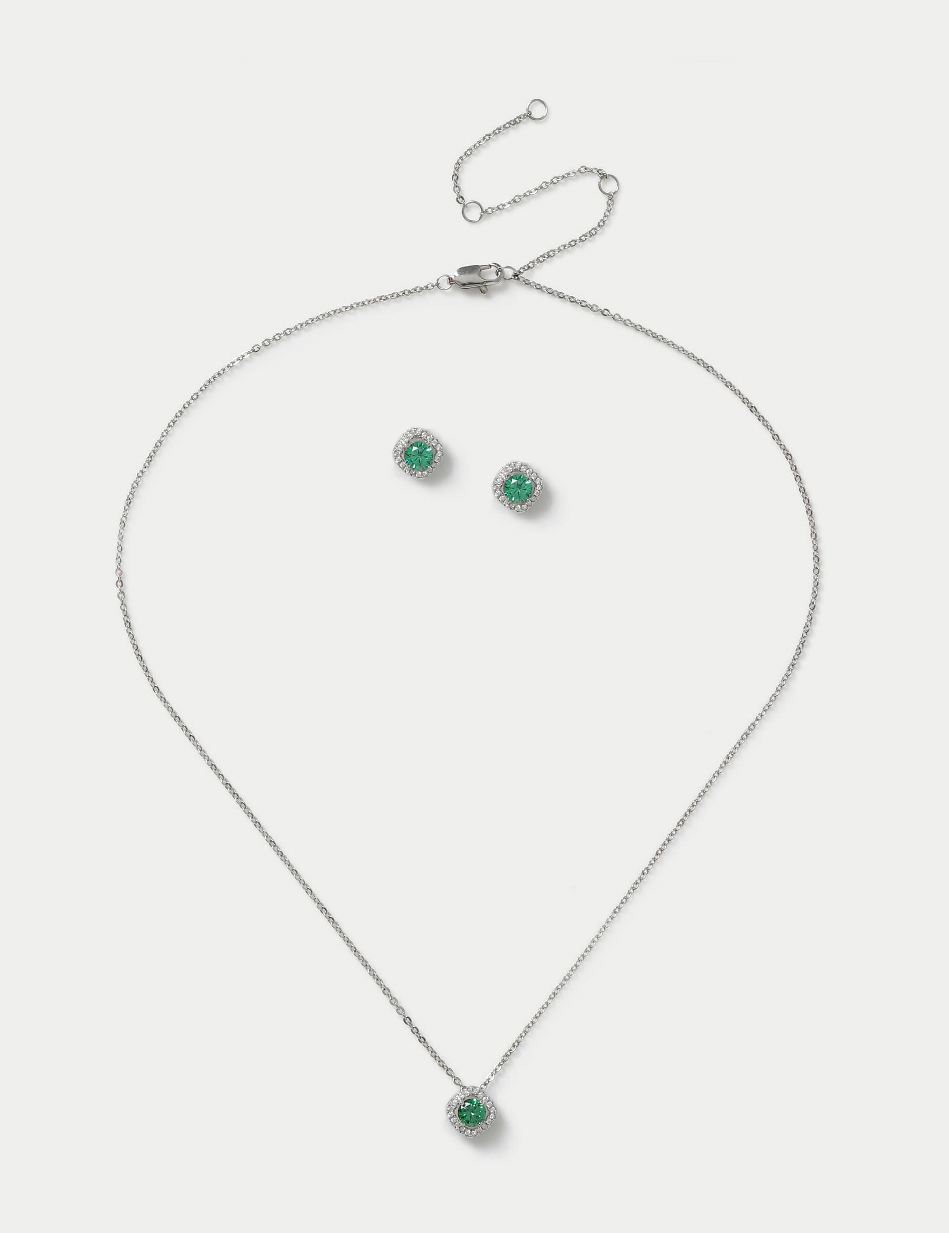 M&S Collection Women's Platinum Plated May Birthstone Earring and Necklace Set - Green, Green