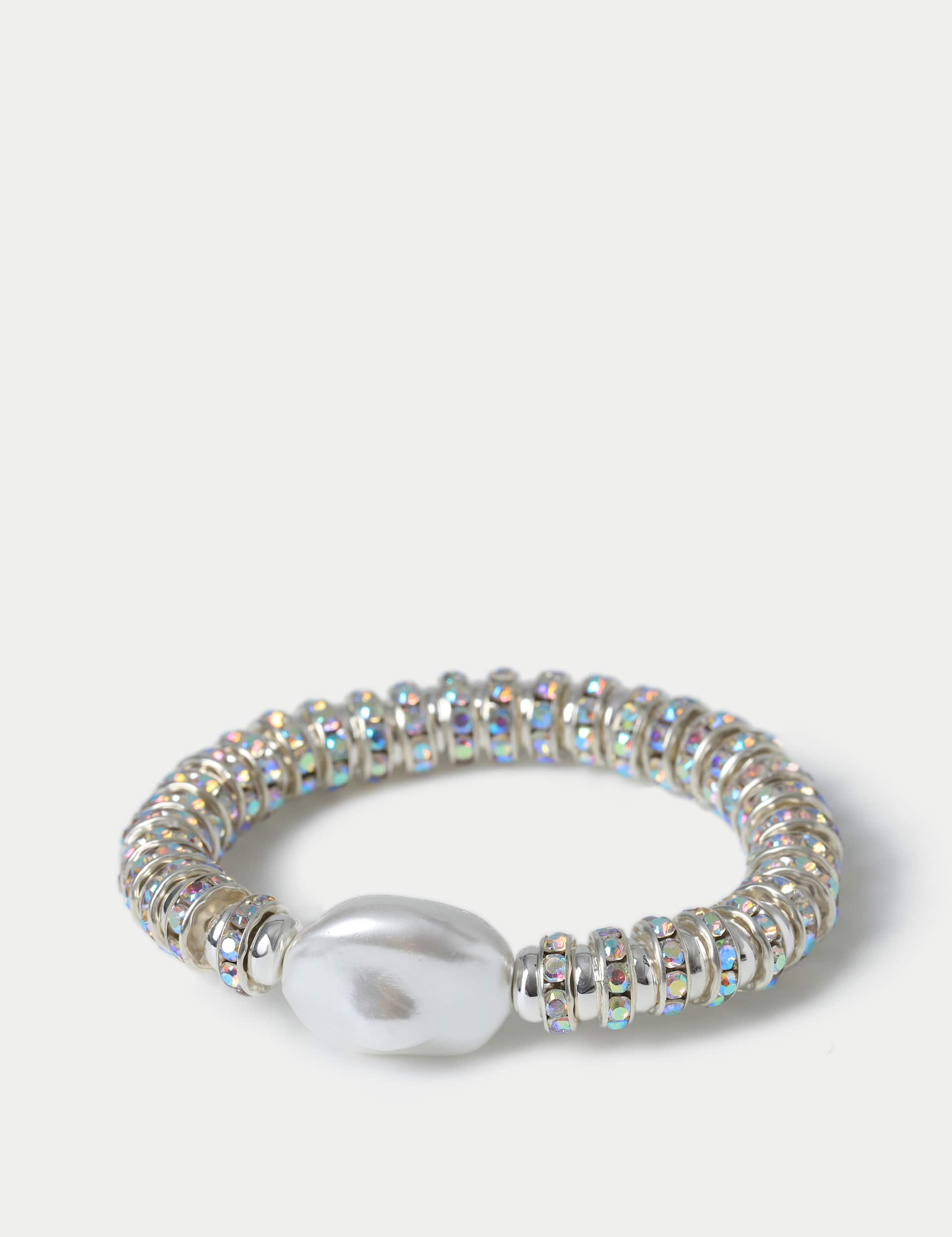 M&S Women's Pearl And Crystal Stretch Bracelet - Silver, Silver