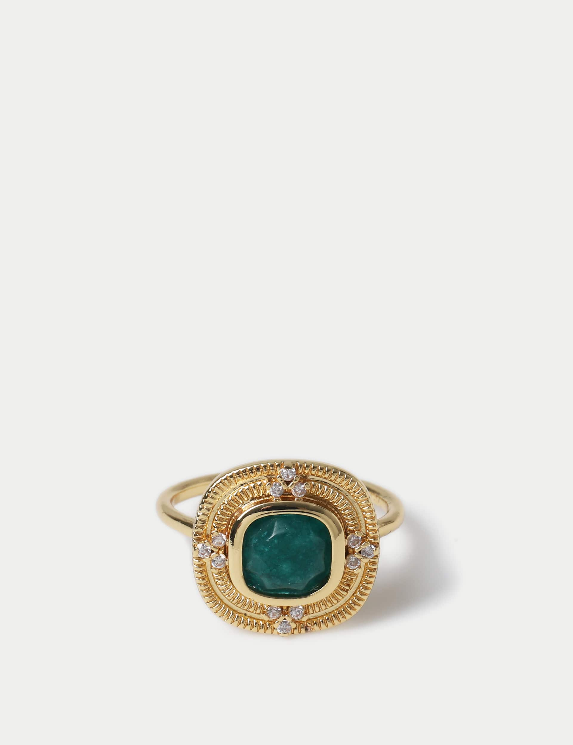 M&S Women's Gold Plated Green Ring - M-L, Gold