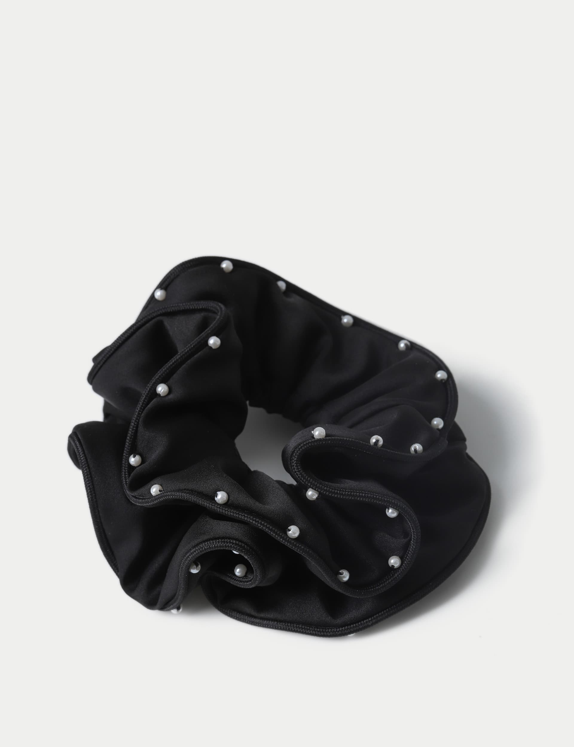 M&S Collection Women's Satin Pearl Scrunchie - Black, Black