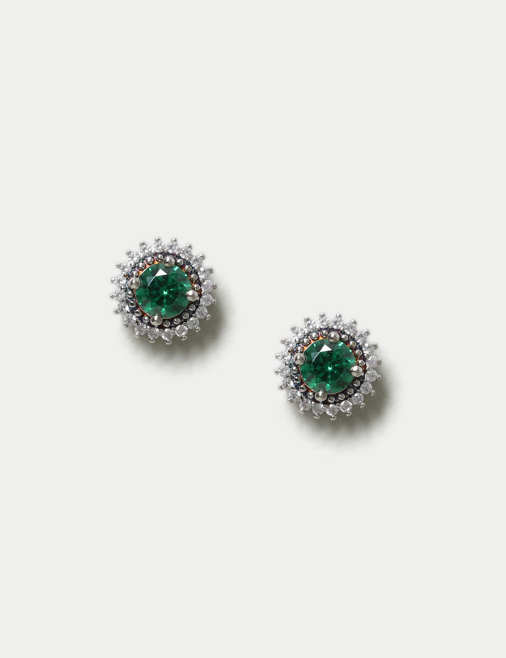 M&S Women's Platinum Green Stud Earrings
