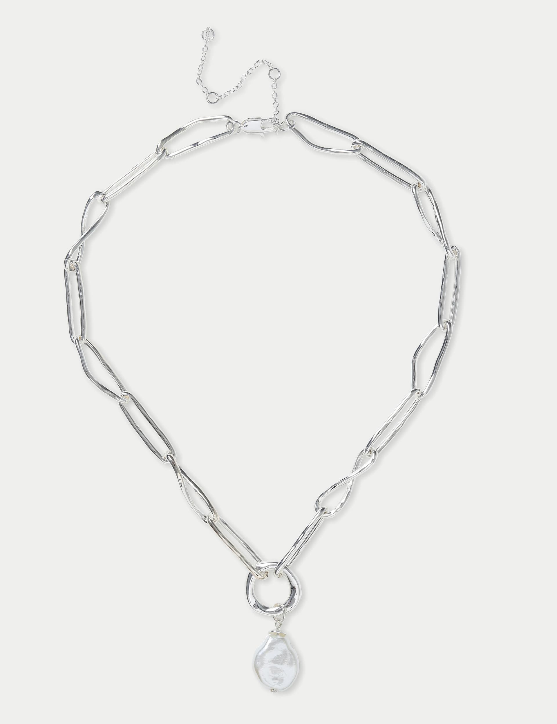 M&S Women's Silver Tone and Pearl Paperclip Necklace, Silver