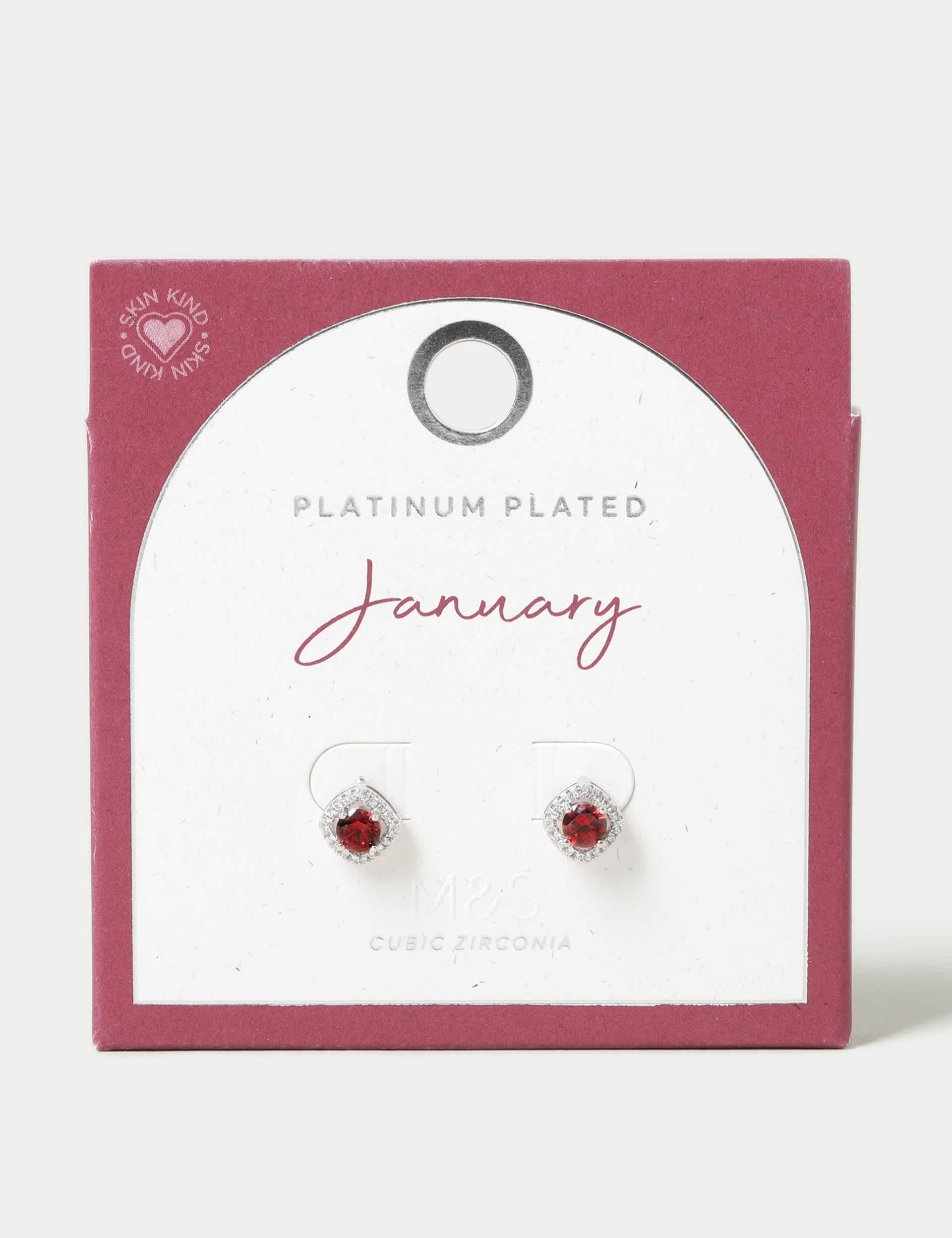 M&S Women's Platinum Plated Cubic Zirconia January Birthstone Stud Earring - Red, Red