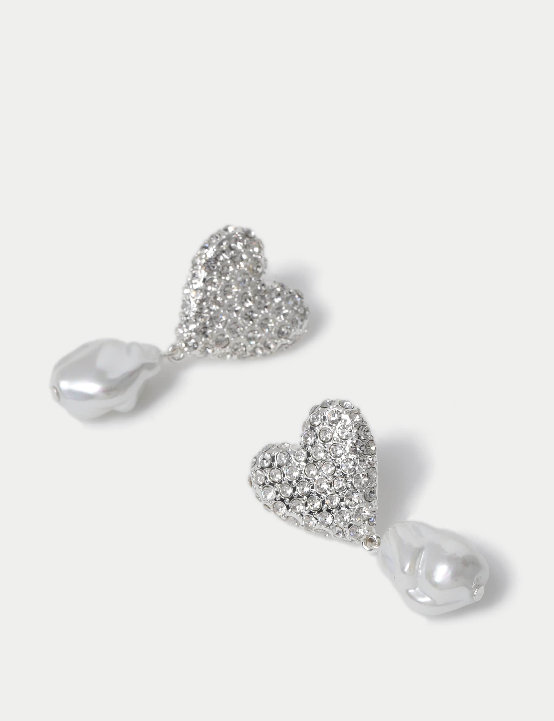 M&S Women's Pearl Diamante Heart Drop Earrings