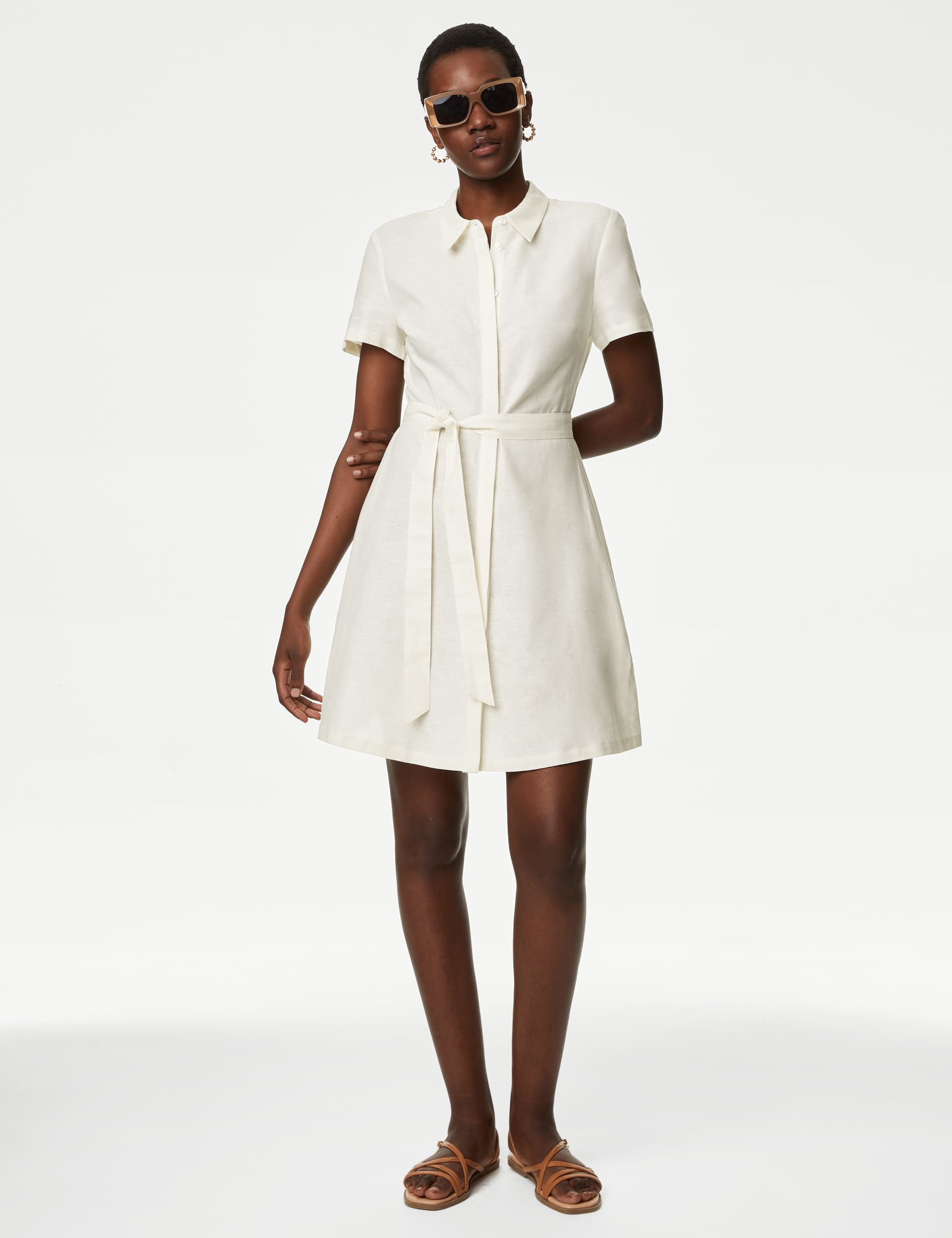 M&S Women's Linen Rich Mini Shirt Dress - 14REG - Ivory, Ivory