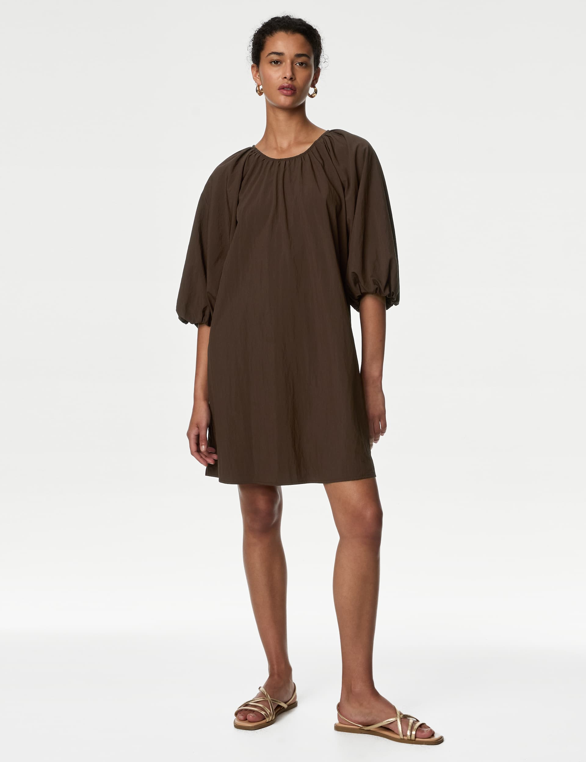 M&S Women's Round Neck Puff Sleeve Mini Smock Dress