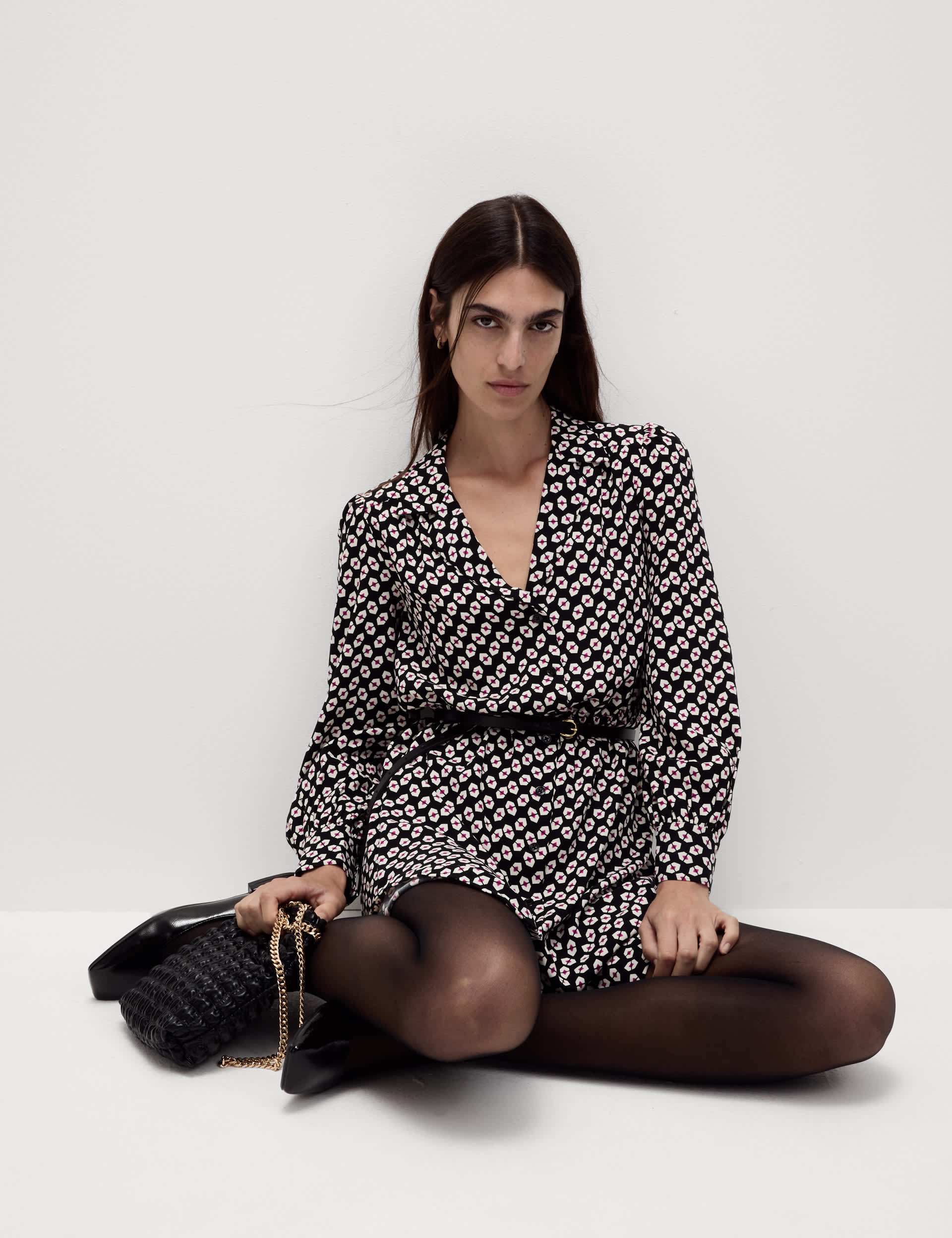 M&S Women's Printed Collared Tie Waist Mini Shirt Dress