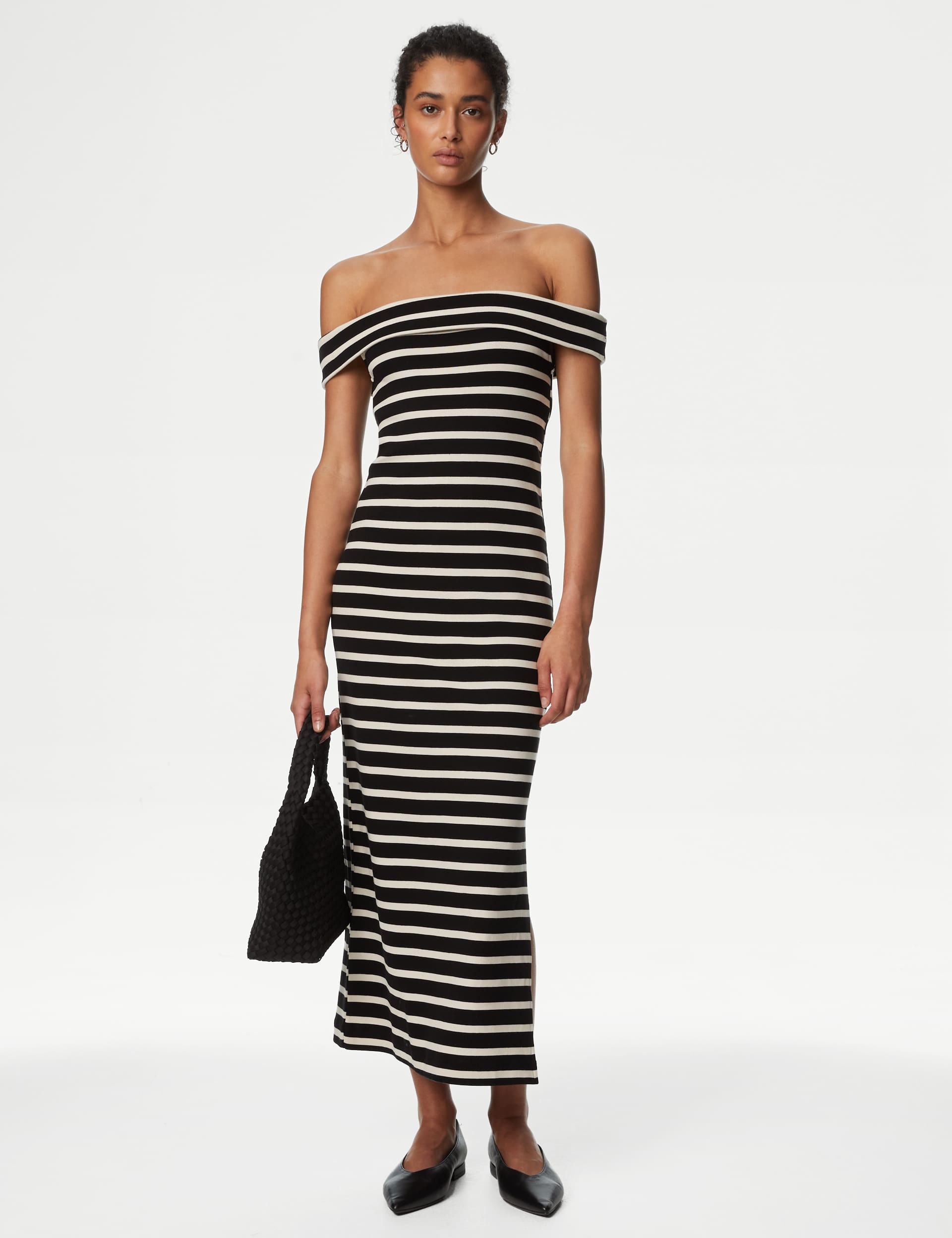 M&S Women's Pure Cotton Striped Bardot Midaxi Column Dress - 14REG - Black Mix, Black Mix