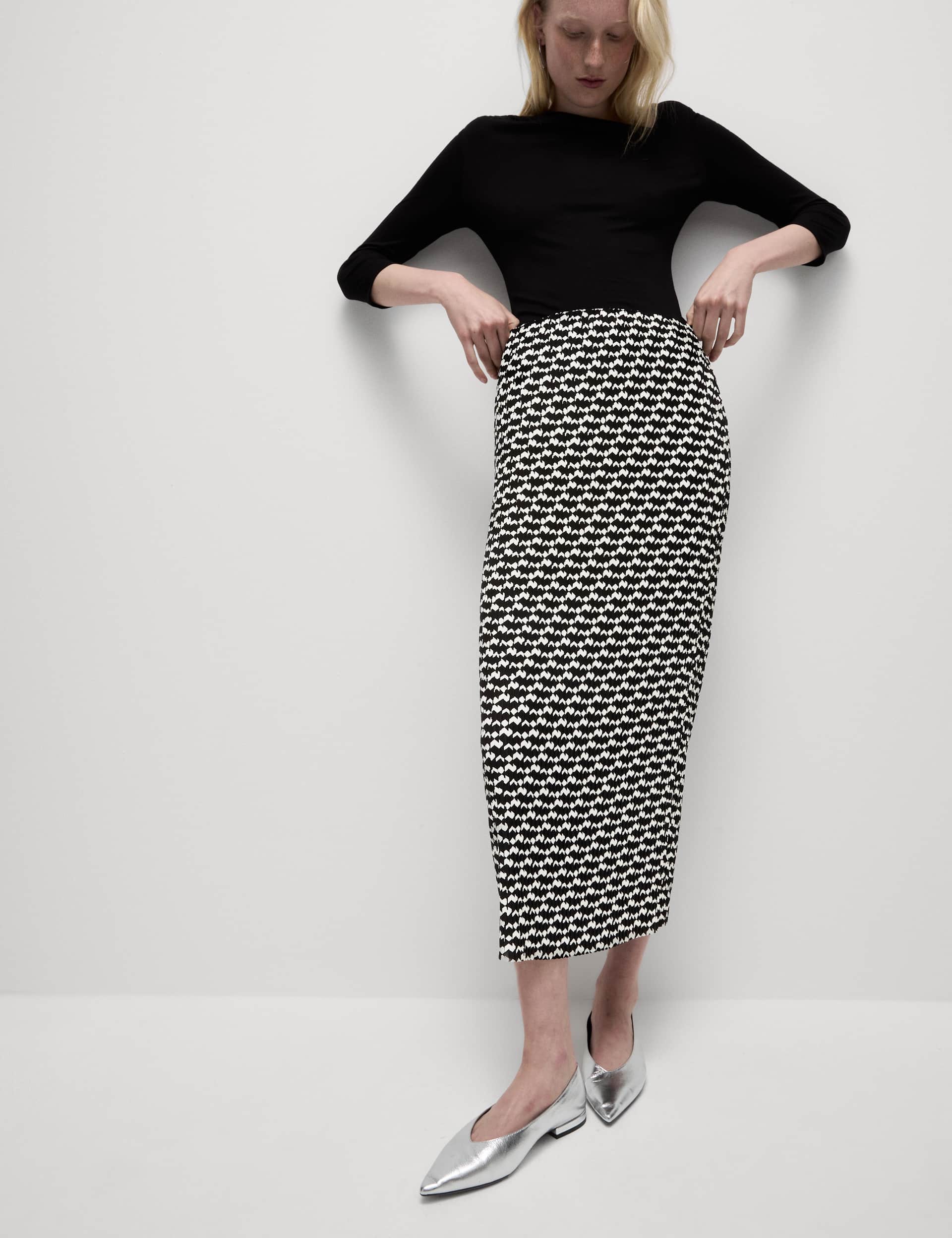 M&S Women's Geometric Print Plisse Midaxi Slip Skirt