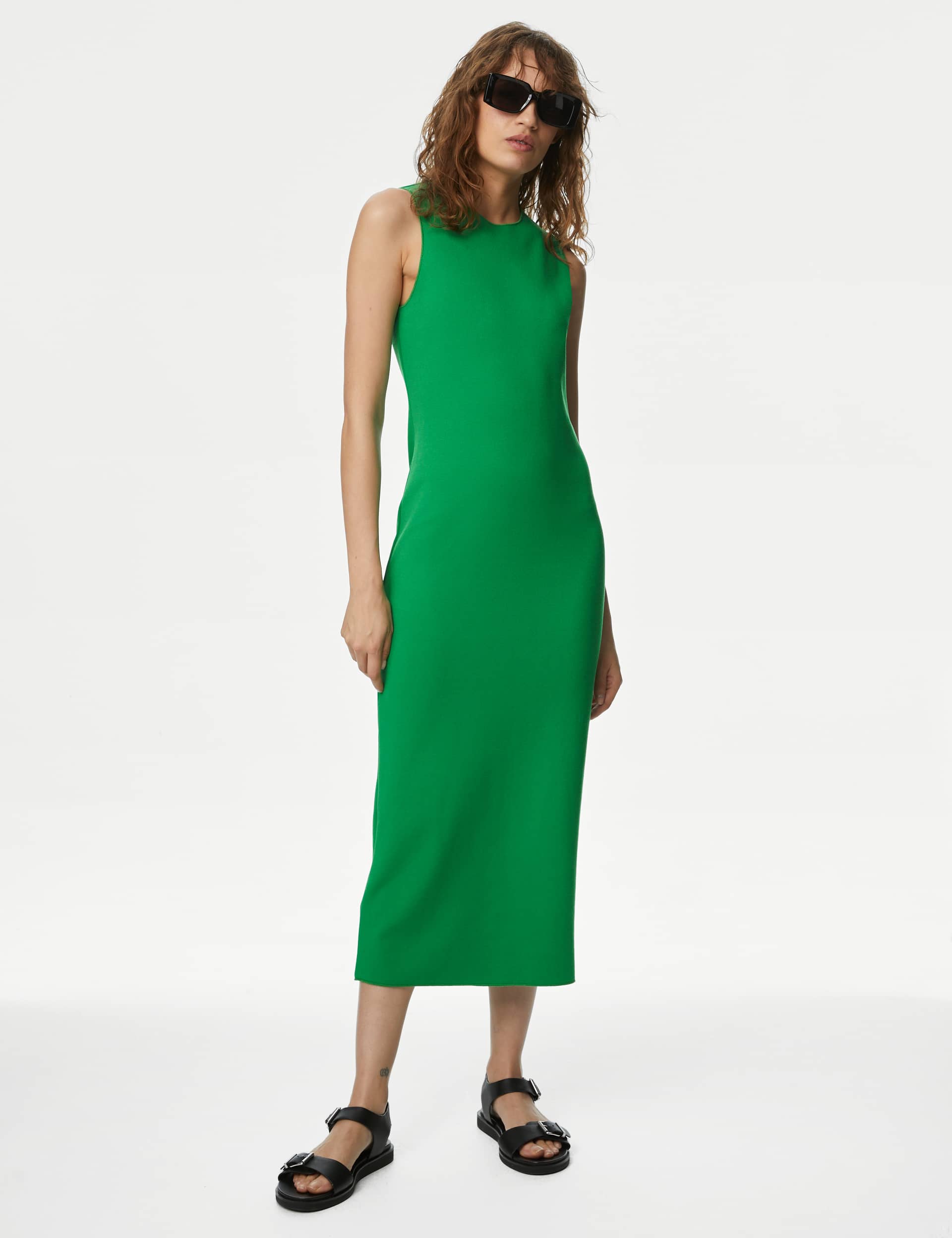 M&S Women's Jersey Round Neck Midi Bodycon Dress - 12REG - Light Green, Light Green