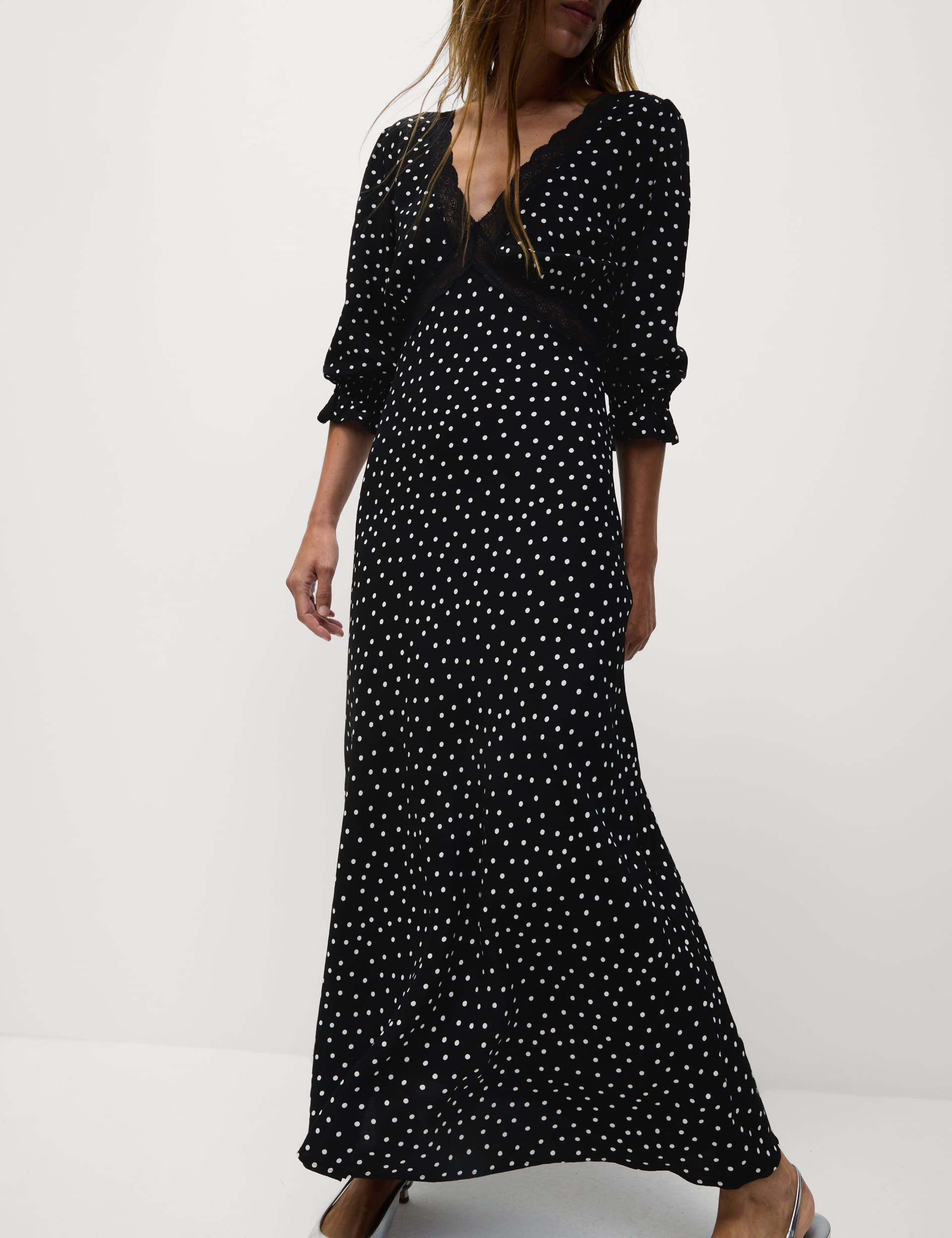 M&S Women's Polka Dot Midaxi Tea Dress - 8REG - Black Mix, Black Mix