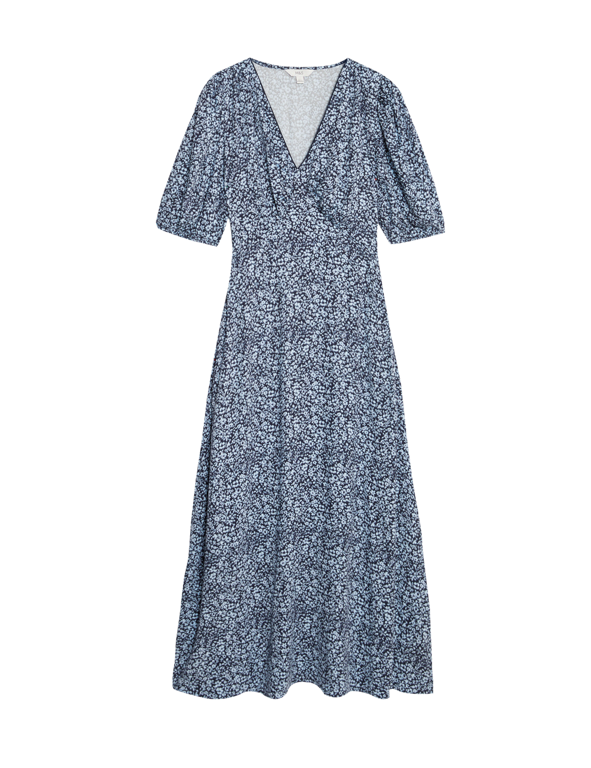 M&S Collection Women's Printed V-Neck Puff Sleeve Midi Tea Dress - 12REG - Blue Mix, Blue Mix