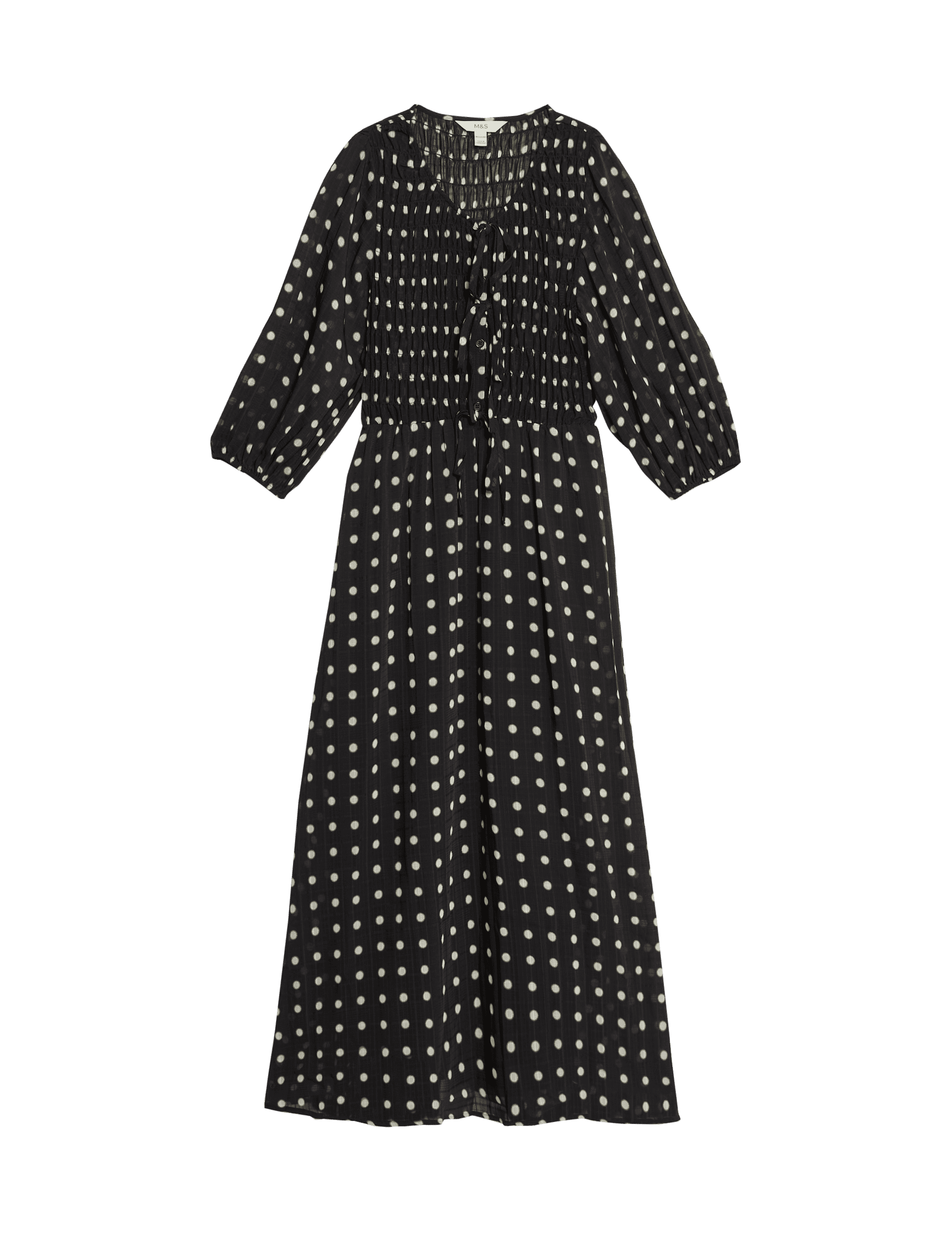 M&S Collection Women's Printed Tie Front Midaxi Shirred Dress - 14REG - Black Mix, Black Mix