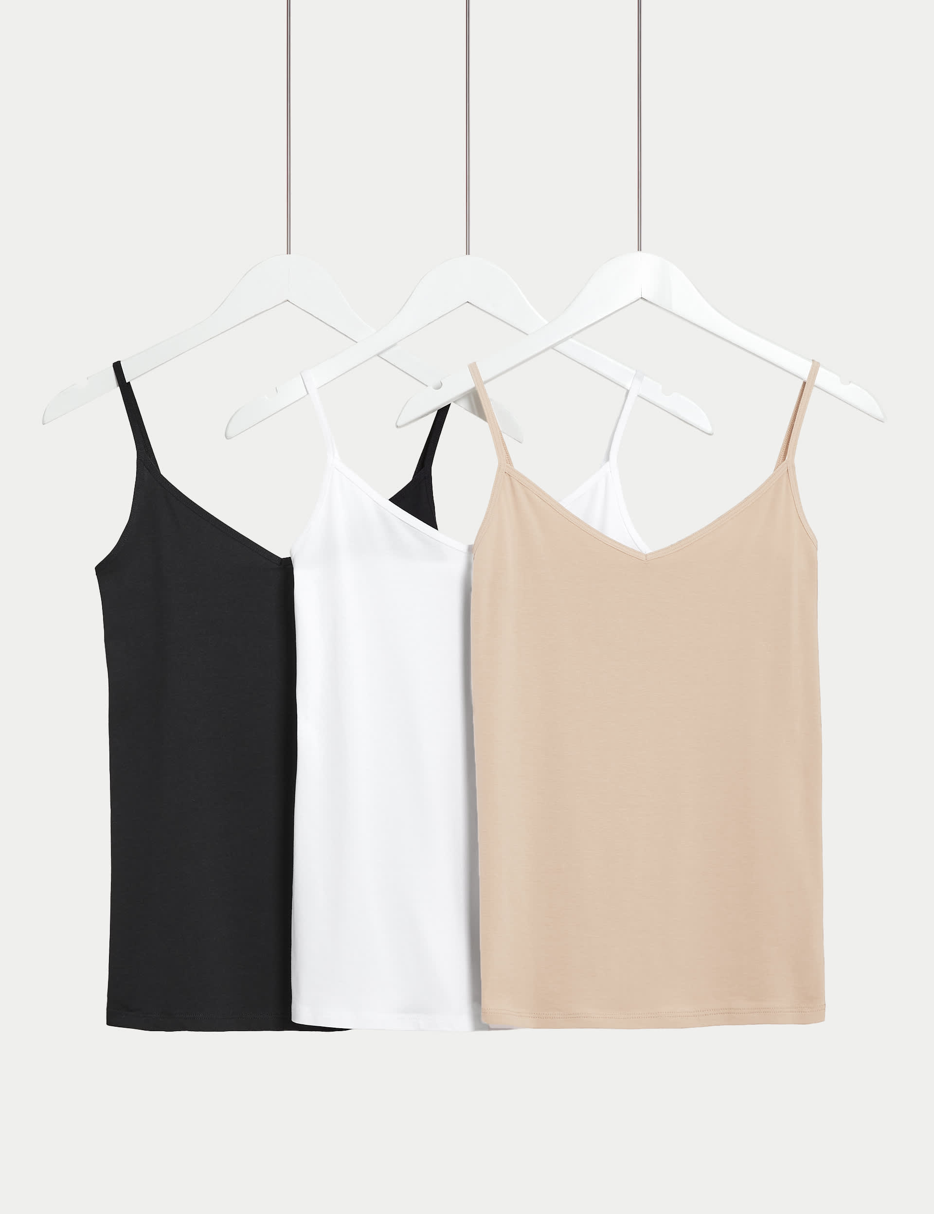 M&S Women's 3pk Cotton Rich Strappy Vests - 14 - Rose Quartz, Rose Quartz,Copper,Black,White,Faded B