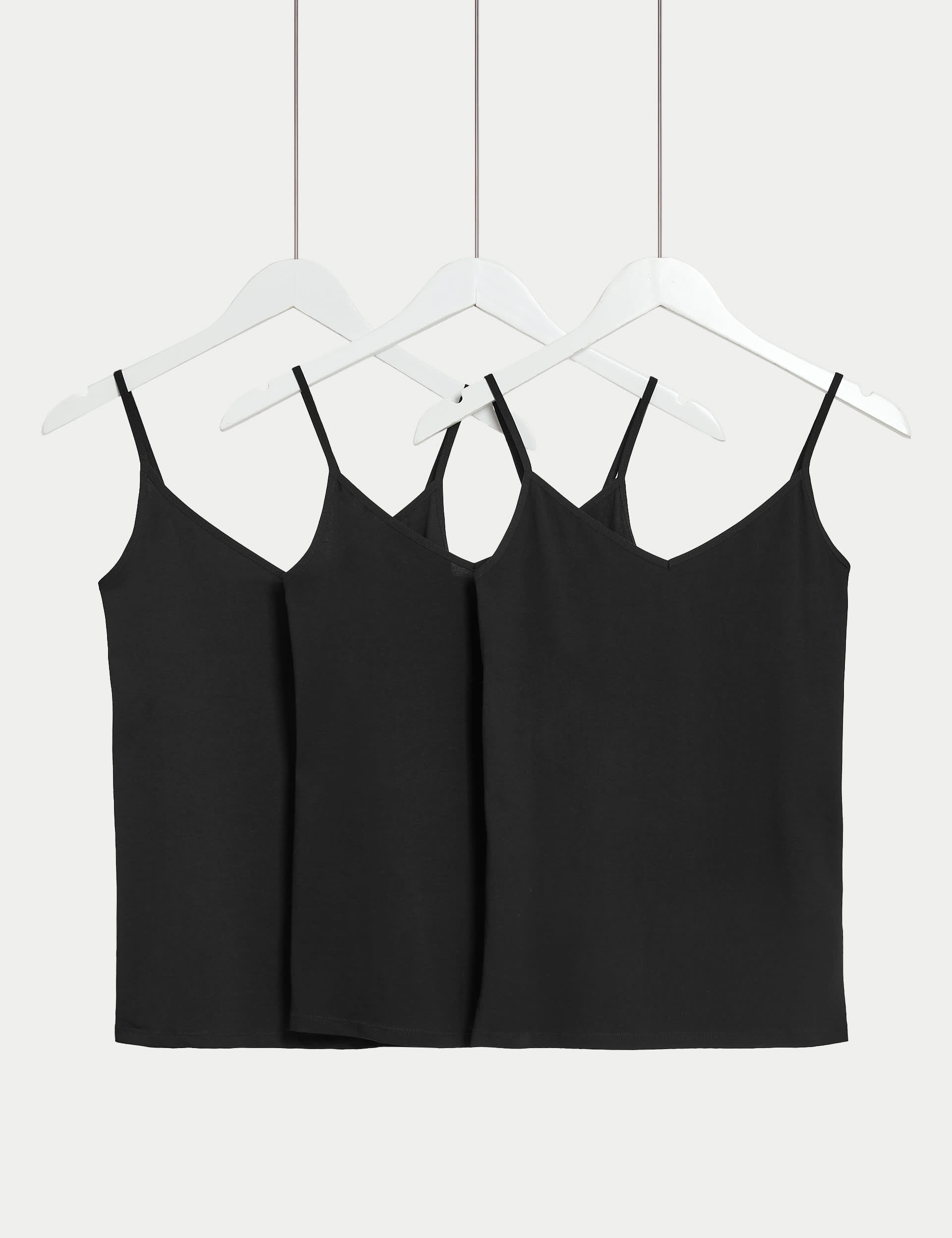 M&S Women's 3pk Cotton Rich Strappy Vests - 12 - Black, Rose Quartz,Copper,Black,White,Faded Blue