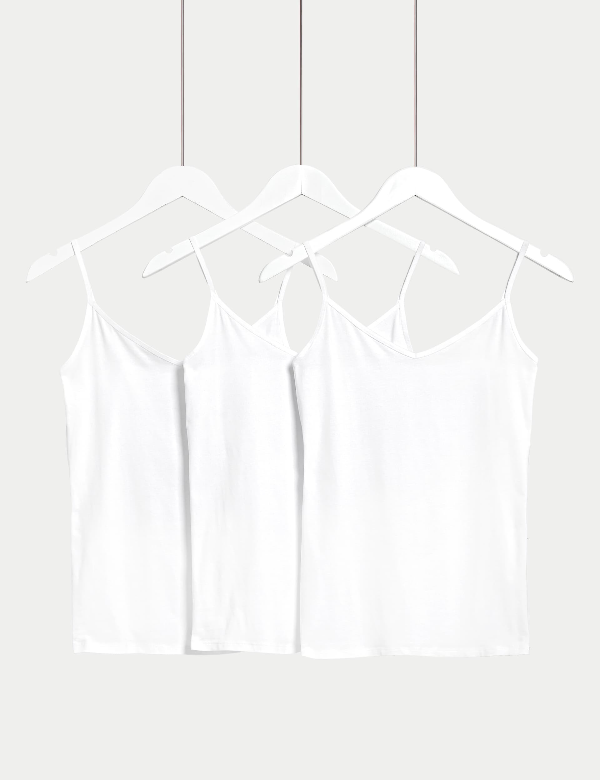 M&S Women's 3pk Cotton Rich Strappy Vests - 12 - White, Rose Quartz,Copper,Black,White,Faded Blue