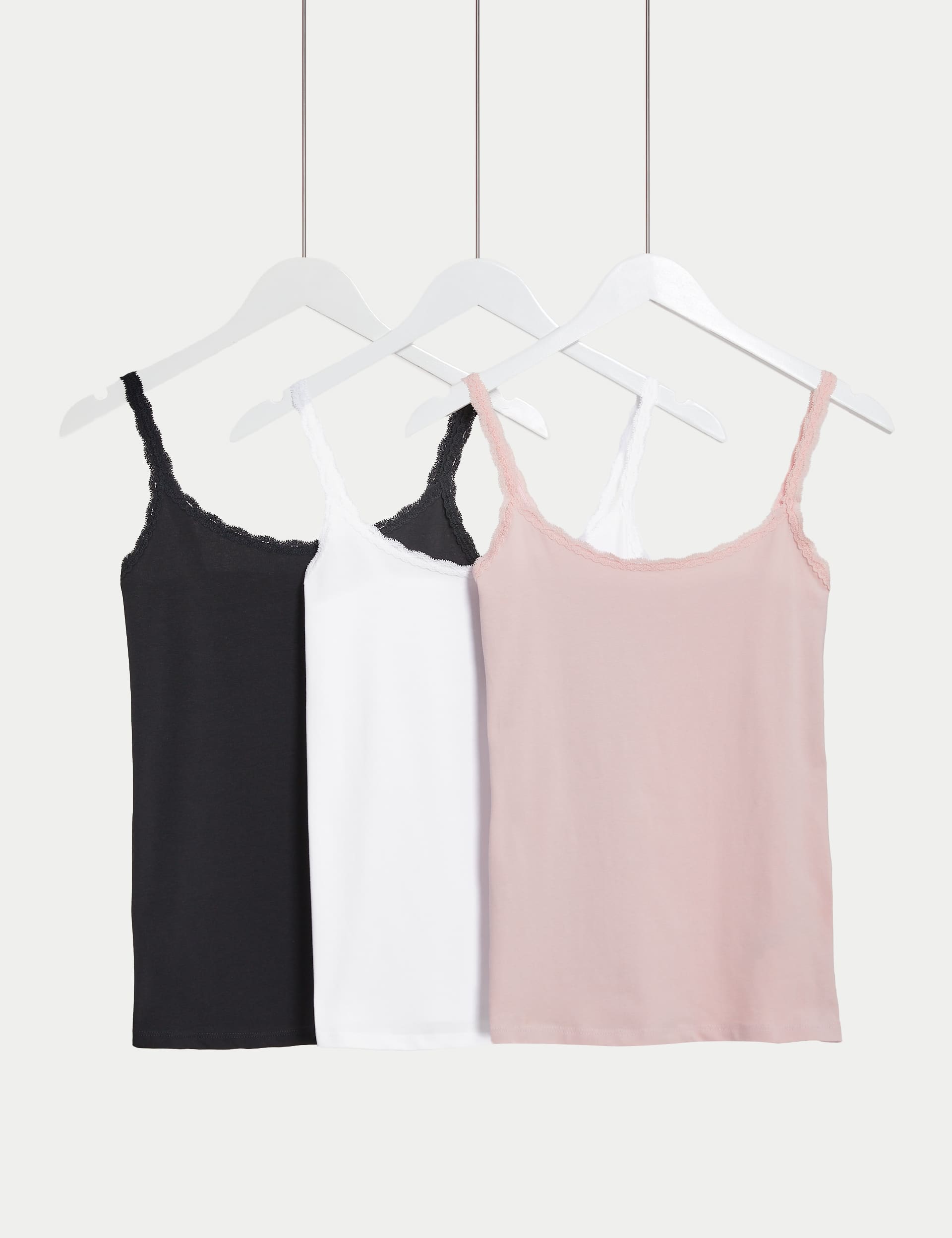 M&S Women's 3pk Cotton Rich Lace Trim Vests - 12 - Soft Pink, Navy Mix,Green Mix,Pink Mix,Soft Pink,