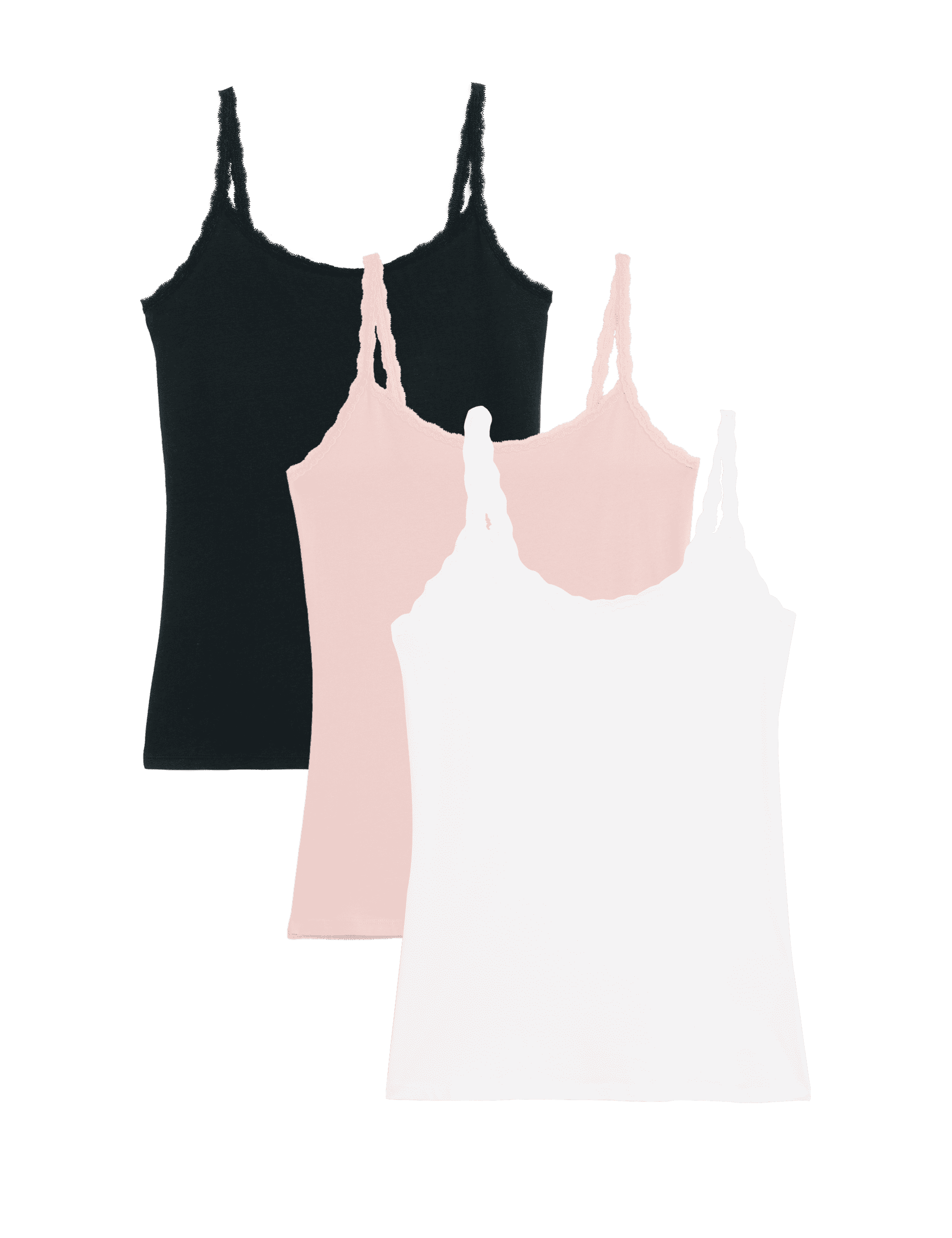 M&S Collection Women's 3pk Cotton Rich Lace Trim Vests - 12 - Soft Pink, Navy Mix,Green Mix,Soft Pin