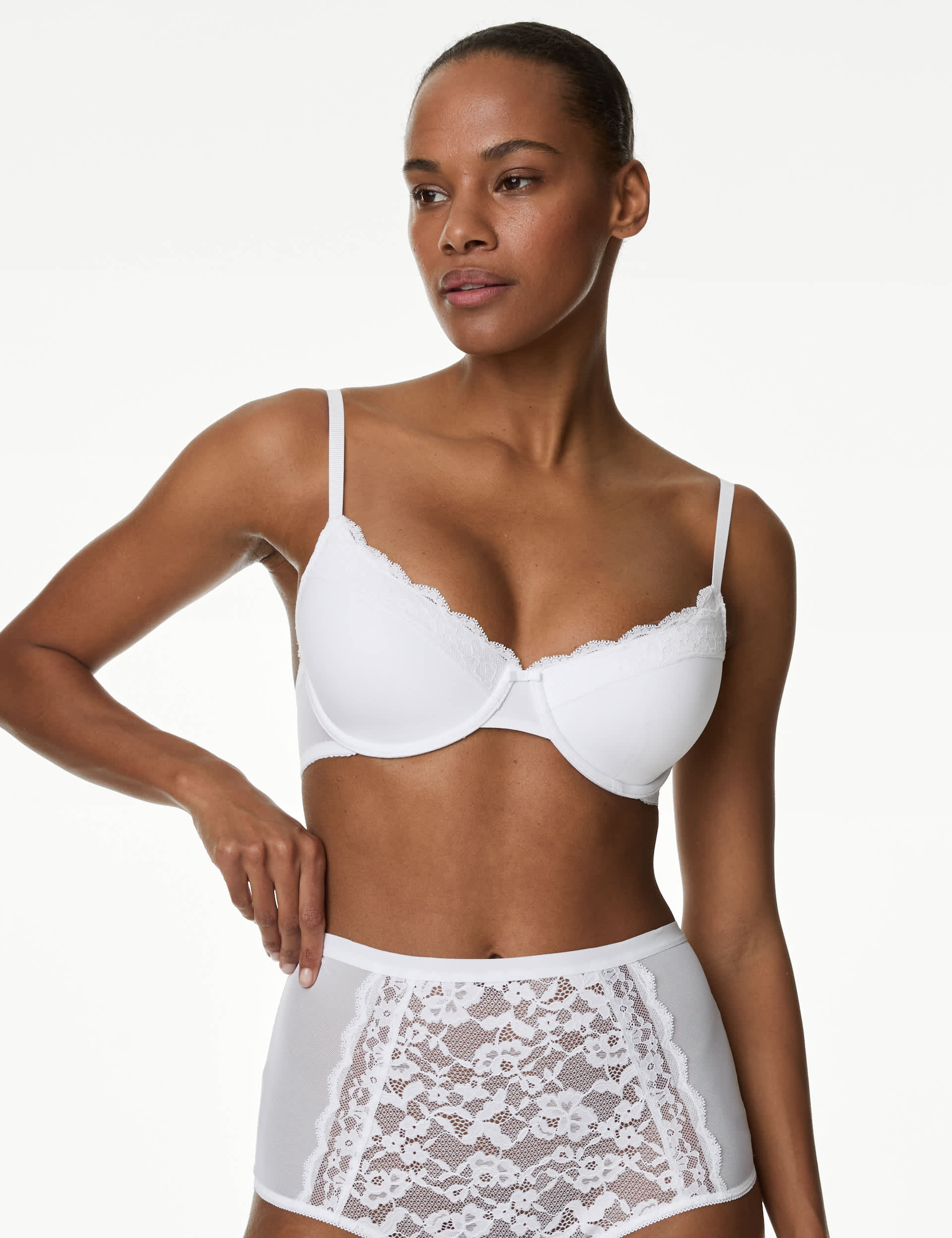 M&S Women's Lace Trim Wired Demi Cup Bra A-E - 36C - White, White,Black