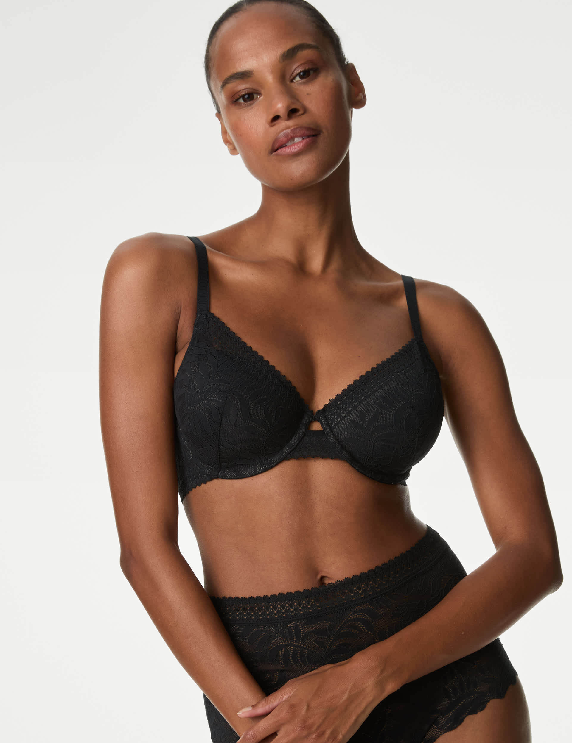 M&S Women's Flexifit Lace Wired Full Cup Bra A-E - 36C - Black, Black,White,Bright Indigo