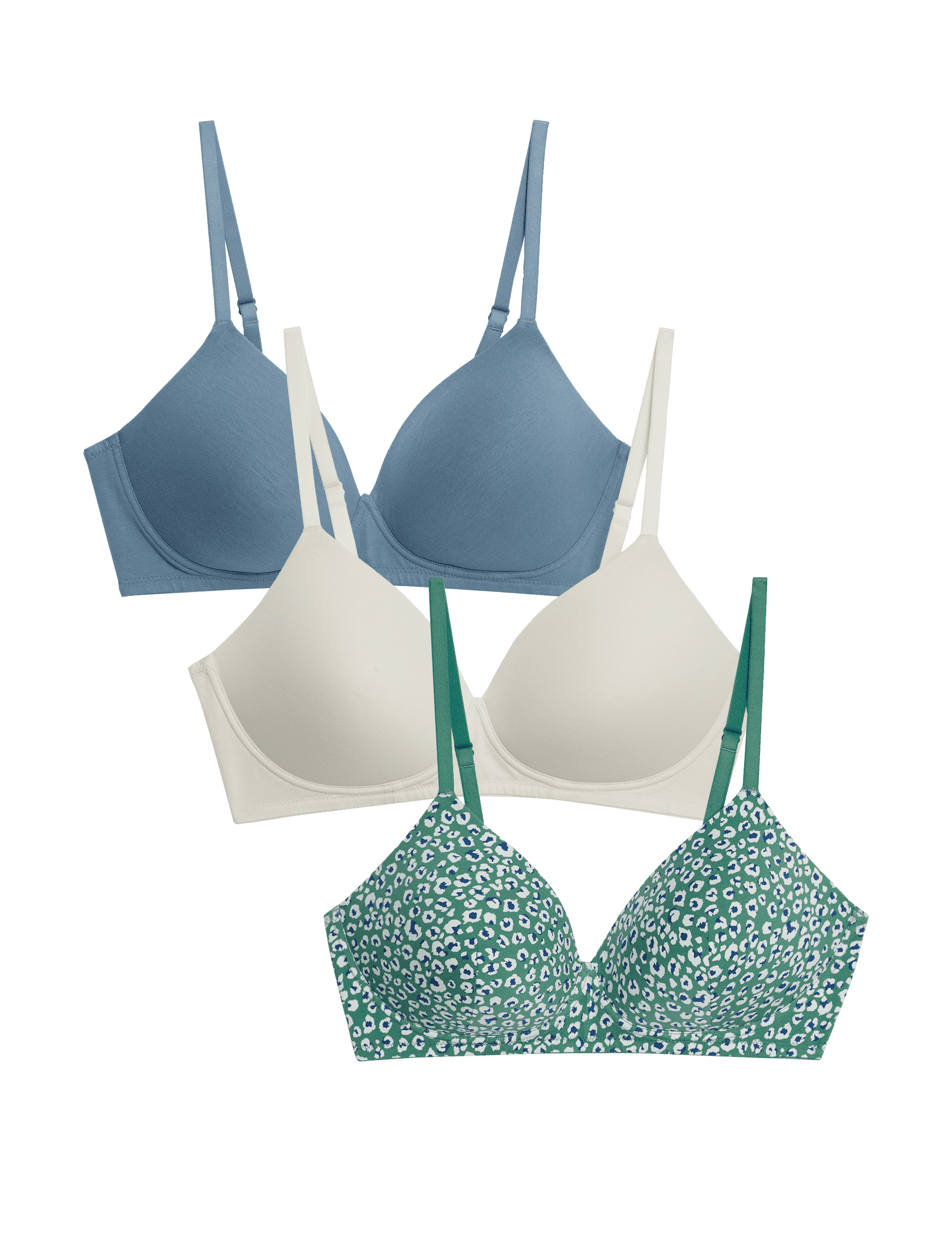 M&S Collection Women's 3pk Cotton Non Wired Full Cup T-Shirt Bra A-E - 34B - Sea Green, Sea Green