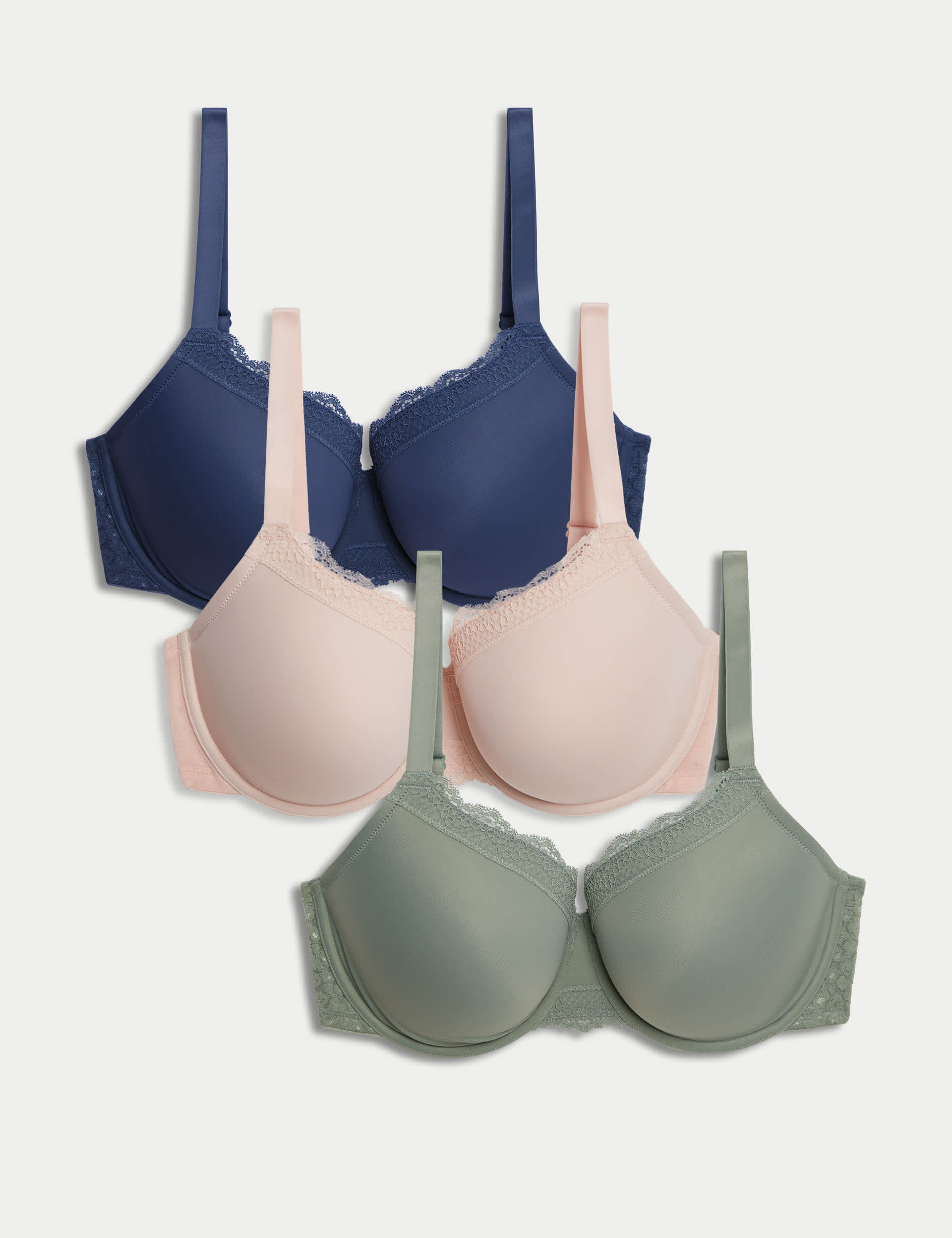 M&S Women's 3pk Wired Full Cup Bras F-H - 36G - Dusty Green, Black Mix,Dusty Green