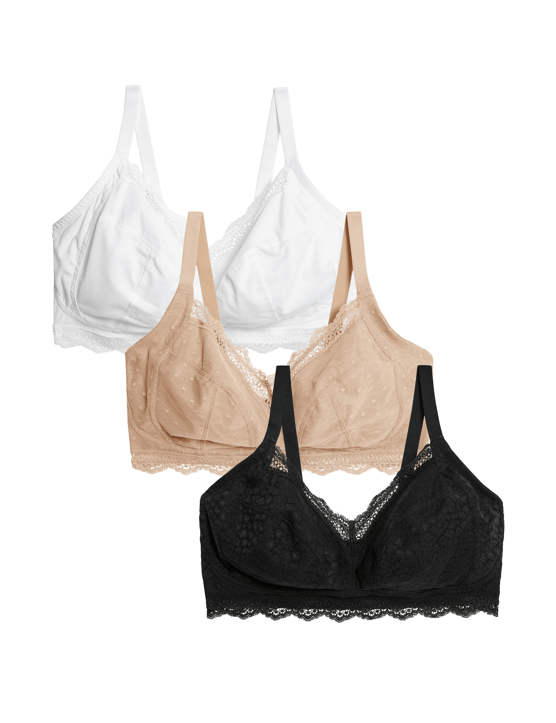 M&S Collection Women's 3pk Lace Trim Non Wired Bralettes F-H - 22F-G - Black Mix, Black Mix