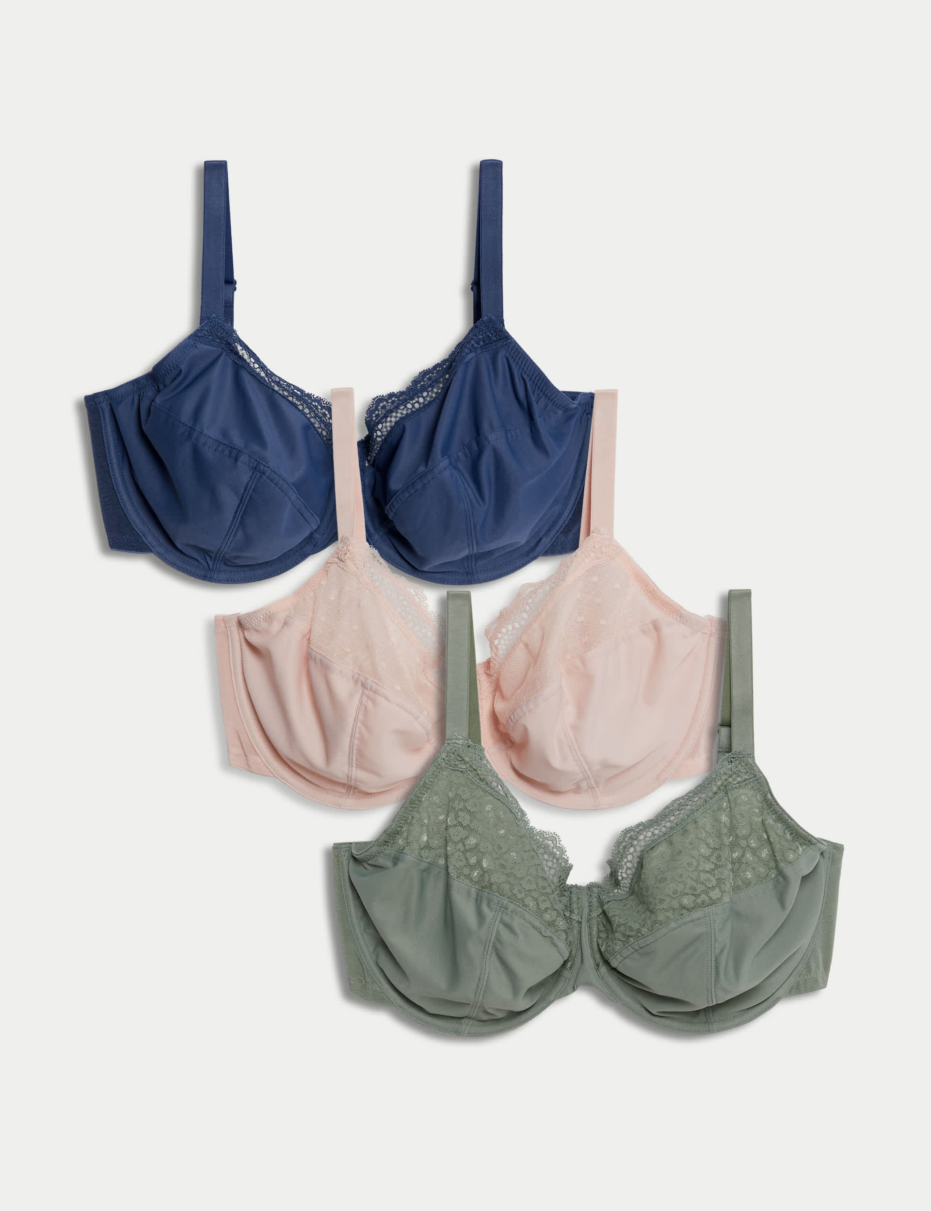 M&S Women's 3pk Wired Full Cup Bras F-H - 36F - Dusty Green, Dusty Green