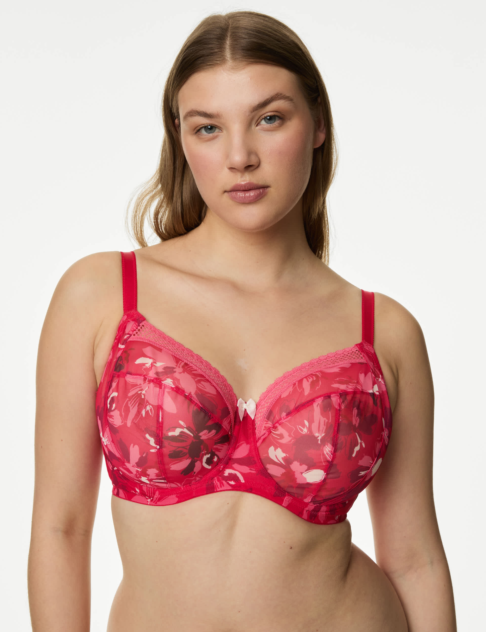 M&S Women's Printed Mesh Wired Extra Support Bra F-J - 30H - Red Mix, Red Mix,Brown