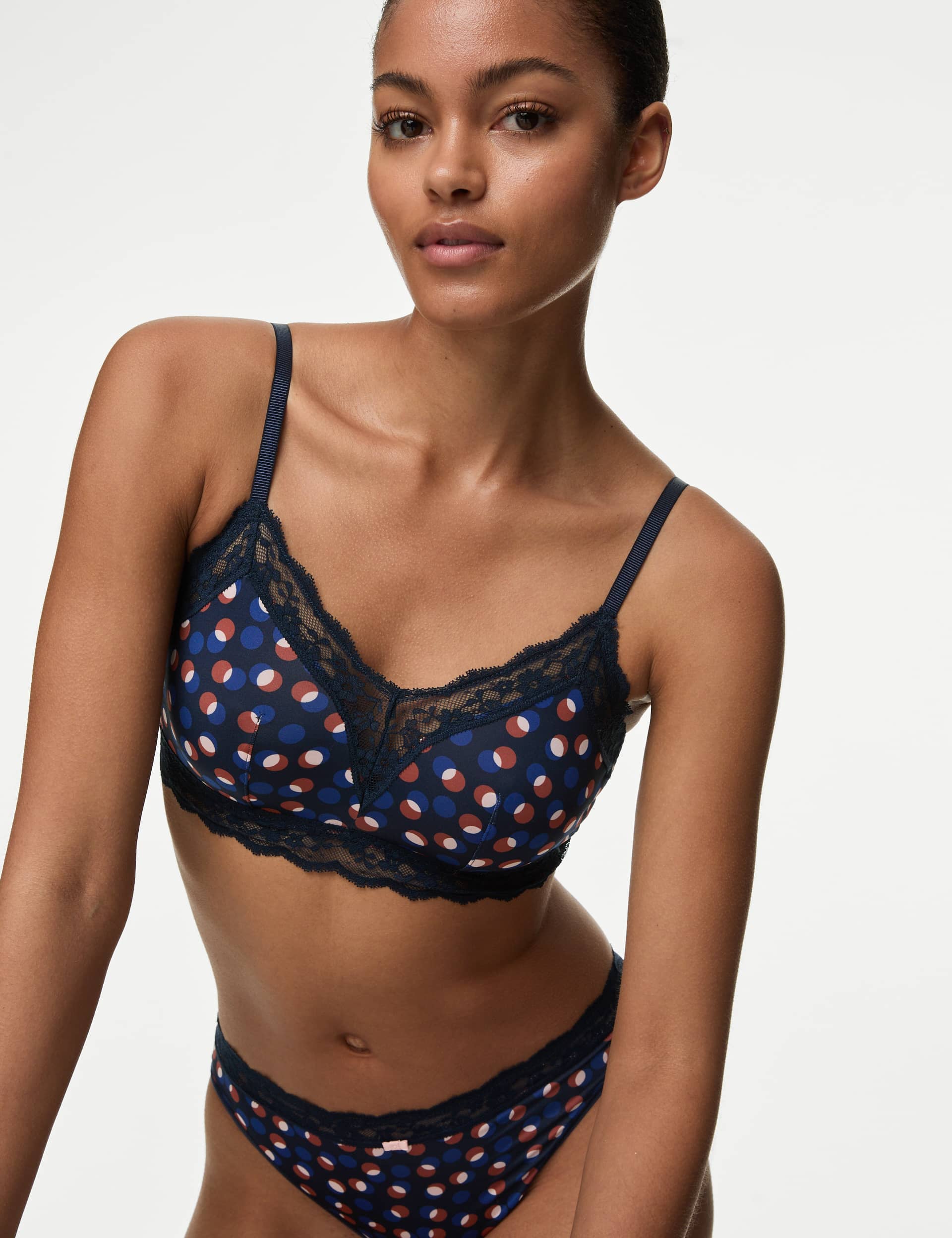 M&S Women's Lace Printed Non Wired Bralette A-E - 12D-E - Navy Mix, Navy Mix