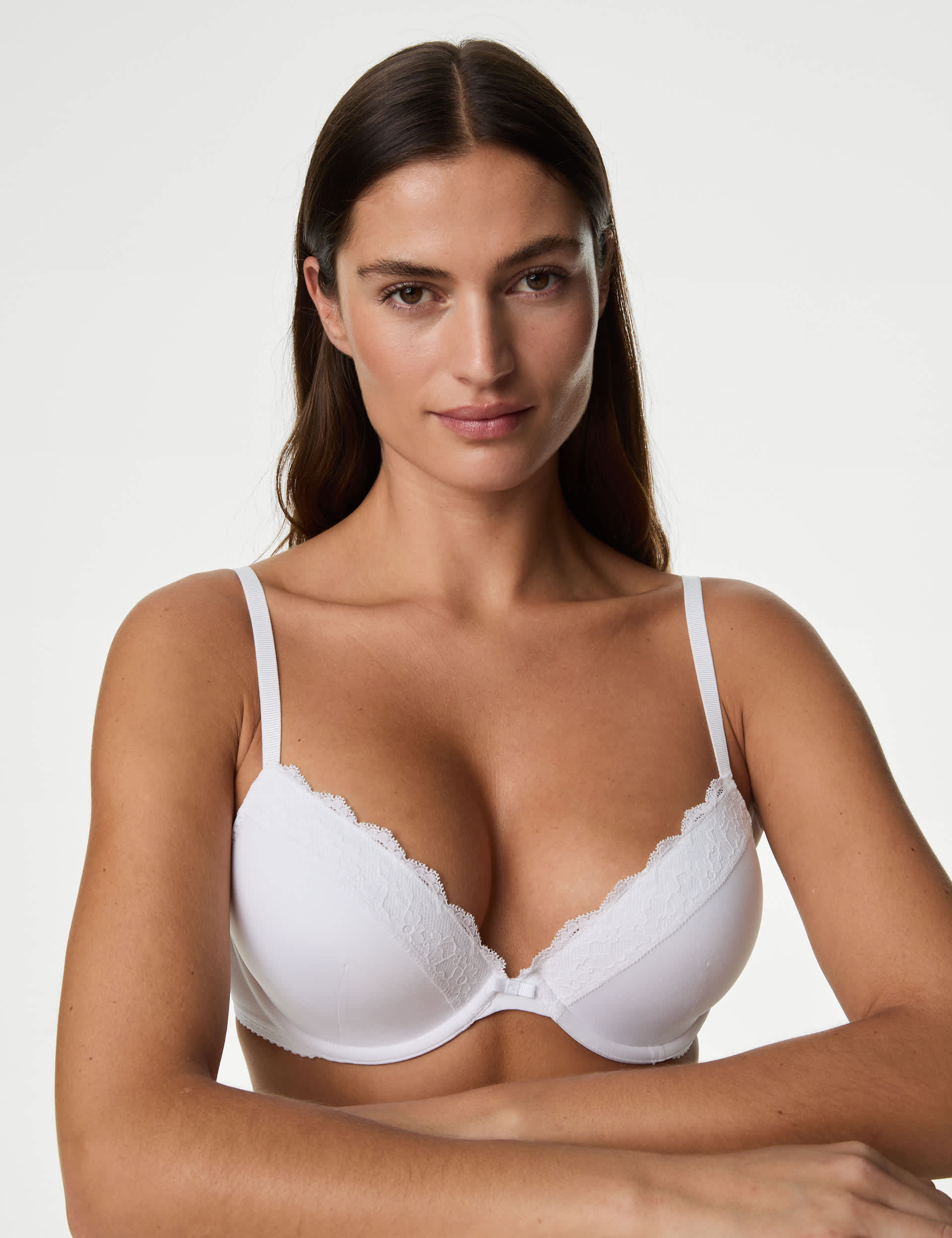 M&S Women's Lace Padded Plunge Wired Bra A-E - 36B - White, Black,White,Rose Quartz